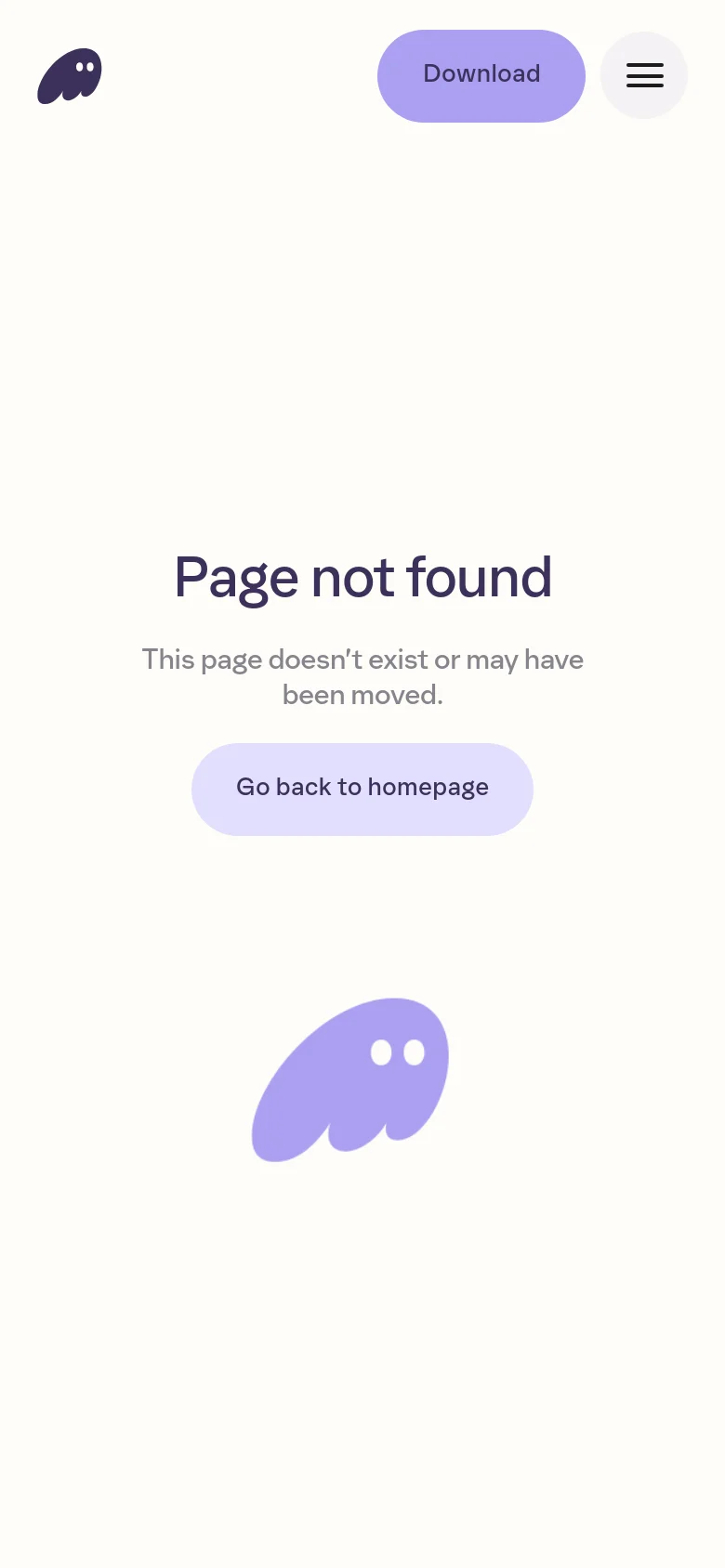 Phantom mobile 404 page with a stacked layout and hamburger menu. The Page not found headline and Go back to homepage button are centered vertically, paired with a large purple ghost illustration at the bottom.
