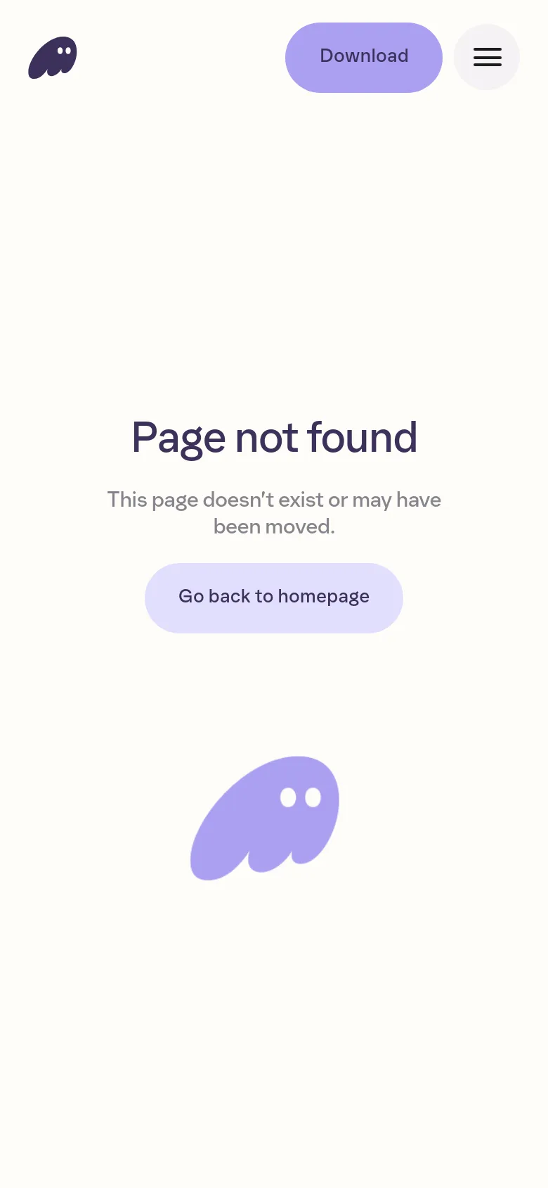 Phantom mobile 404 page with a stacked layout and hamburger menu. The Page not found headline and Go back to homepage button are centered vertically, paired with a large purple ghost illustration at the bottom.