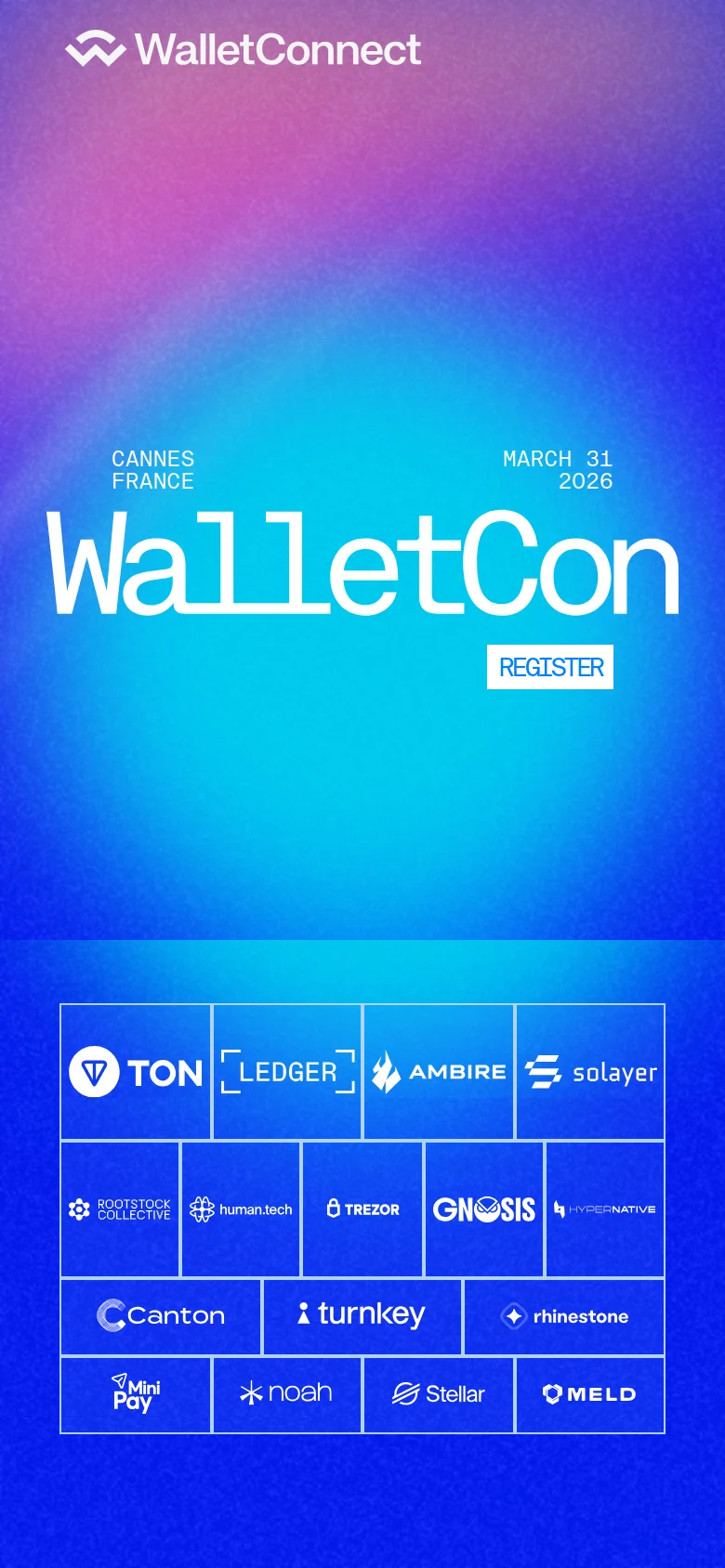 The mobile version presents a vertically oriented version of the gradient background with the 'WalletCon' headline centered. The event details and 'REGISTER' button are stacked vertically, and the partner logo grid at the bottom is rearranged into a more compact, multi-row layout for smaller screens.