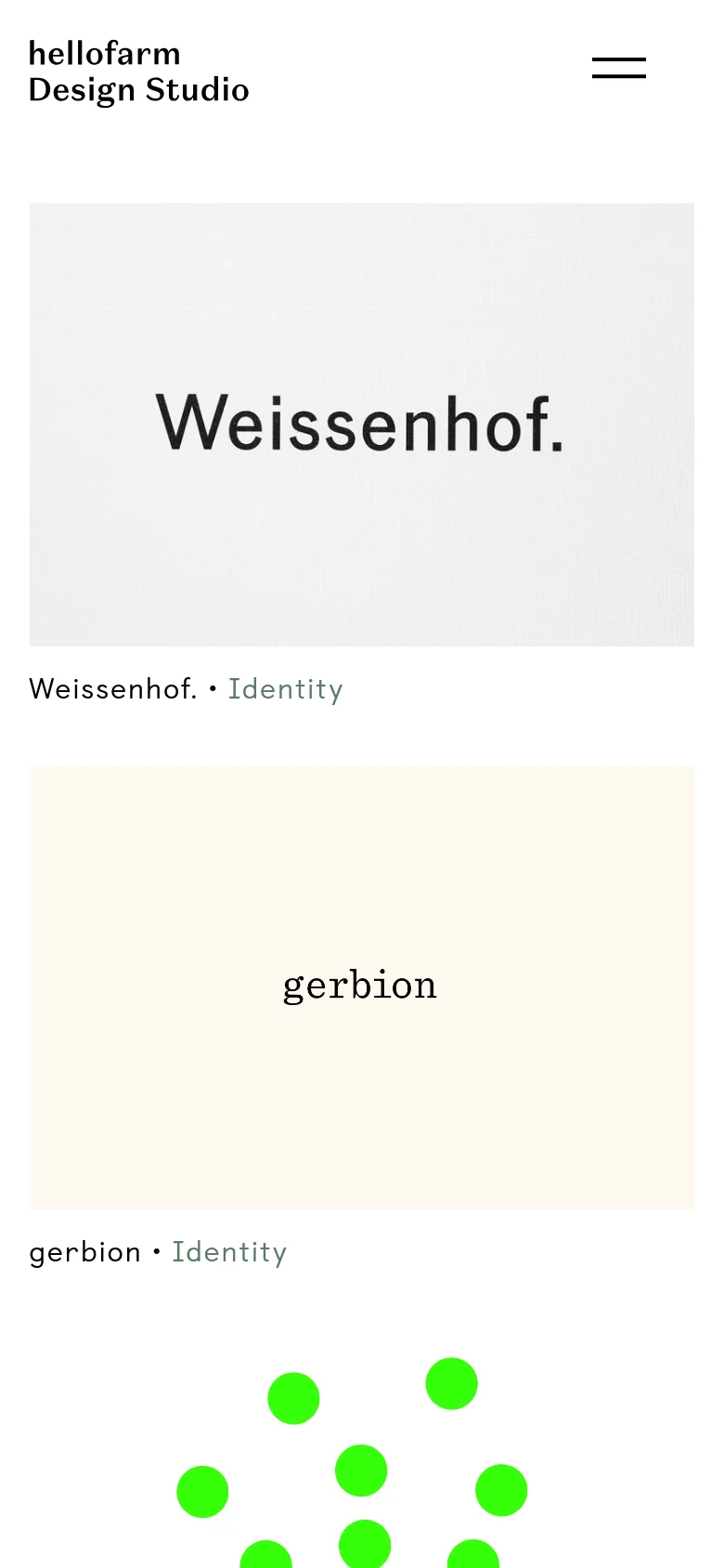 The mobile version simplifies the layout into a single-column vertical scroll. Large project images, like the 'Weissenhof.' and 'gerbion' tiles, dominate the screen, with project titles and categories positioned directly underneath. The header is condensed, featuring the studio name on the left and a hamburger menu icon on the right.