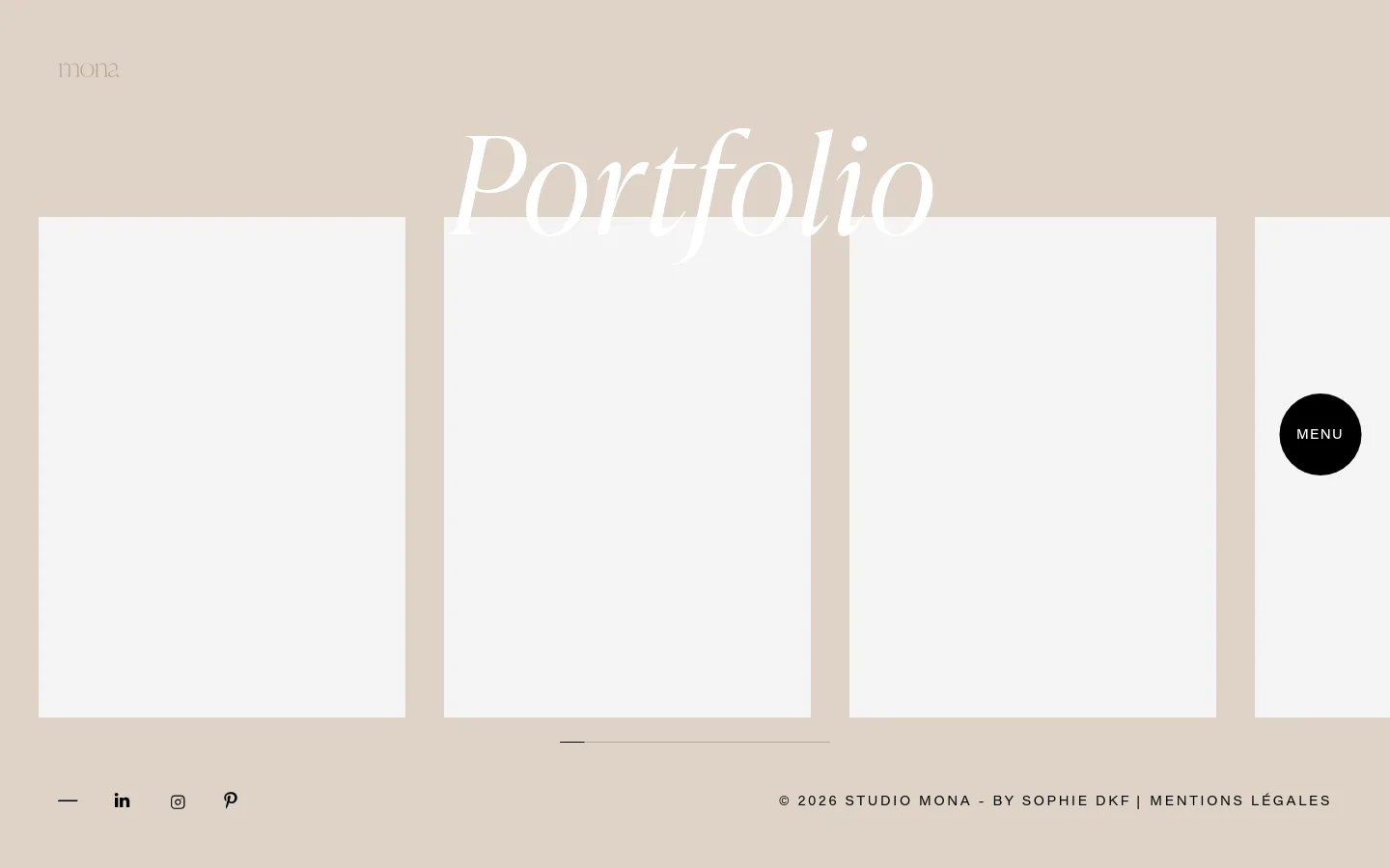 The desktop Portfolio page features a minimalist design with a light beige background and large white serif 'Portfolio' headline. A grid of large, rectangular project tiles occupies the center, each displaying a project name and category. A black circular 'MENU' button floats on the right side, and social media icons are located in the bottom left corner.