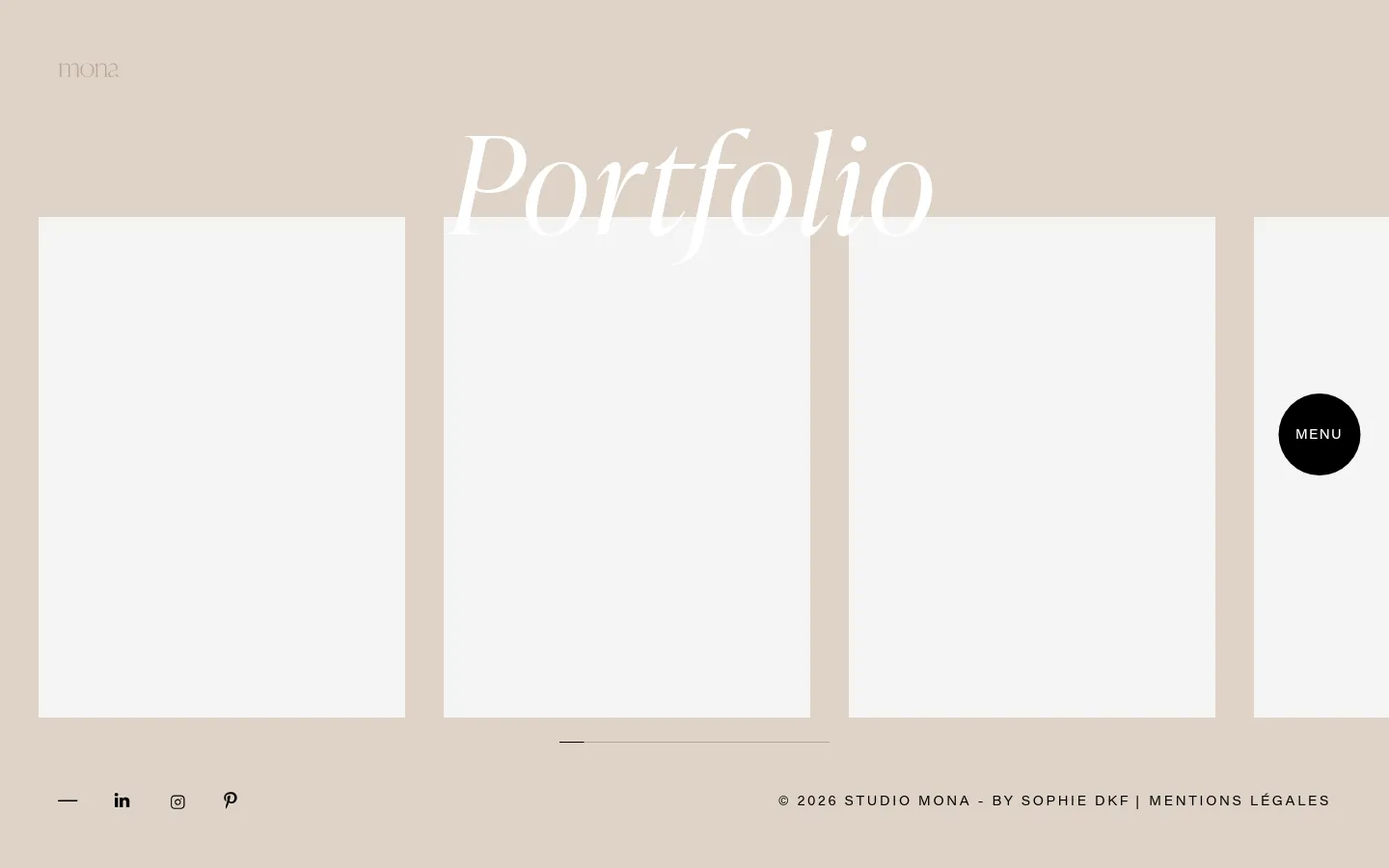 The desktop Portfolio page features a minimalist design with a light beige background and large white serif 'Portfolio' headline. A grid of large, rectangular project tiles occupies the center, each displaying a project name and category. A black circular 'MENU' button floats on the right side, and social media icons are located in the bottom left corner.