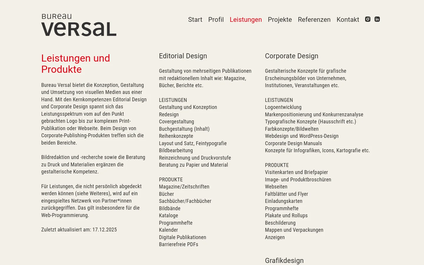 The desktop page features a minimalist design with a white background and black text. The 'Bureau Versal' logo is on the top left, with a navigation menu on the top right. The main content starts with a red headline 'Leistungen und Produkte' followed by a multi-column layout detailing services like Editorial Design and Corporate Design with bulleted lists.