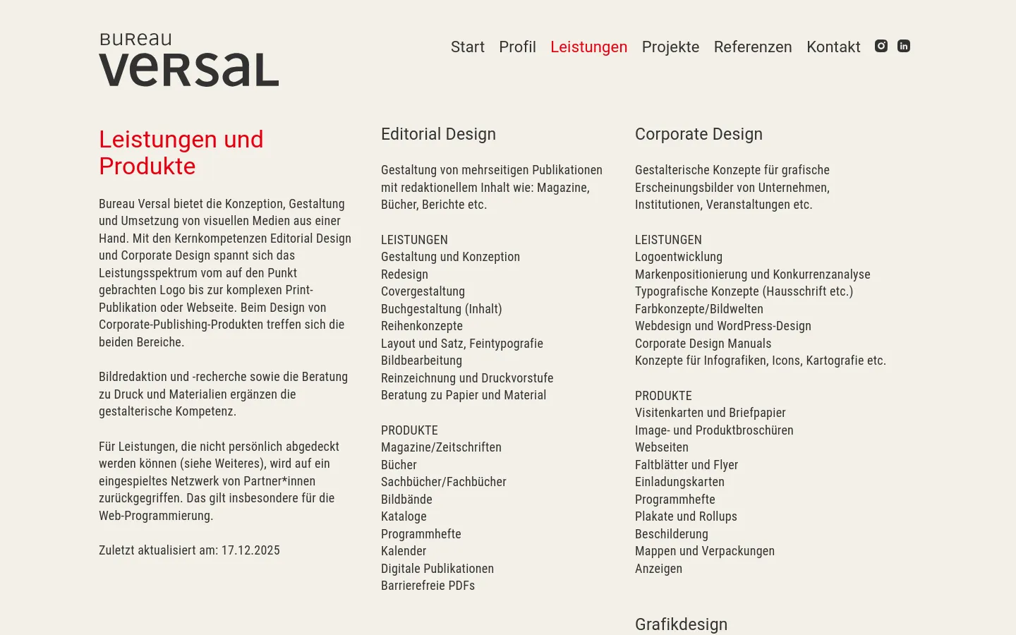 The desktop page features a minimalist design with a white background and black text. The 'Bureau Versal' logo is on the top left, with a navigation menu on the top right. The main content starts with a red headline 'Leistungen und Produkte' followed by a multi-column layout detailing services like Editorial Design and Corporate Design with bulleted lists.