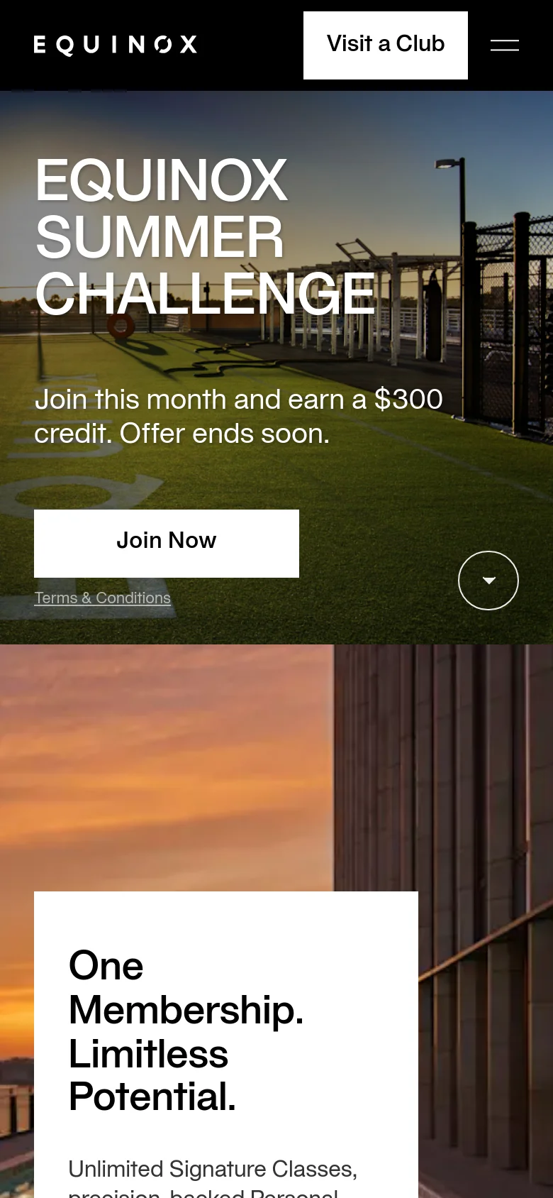 The mobile version presents a vertically stacked layout with the 'EQUINOX SUMMER CHALLENGE' headline and 'Join Now' button prominently centered over the rooftop hero image. The top navigation is condensed into a hamburger menu next to the logo, and the 'Visit a Club' button is highlighted in a white box. The hero image is cropped to a portrait orientation to fit the mobile screen.