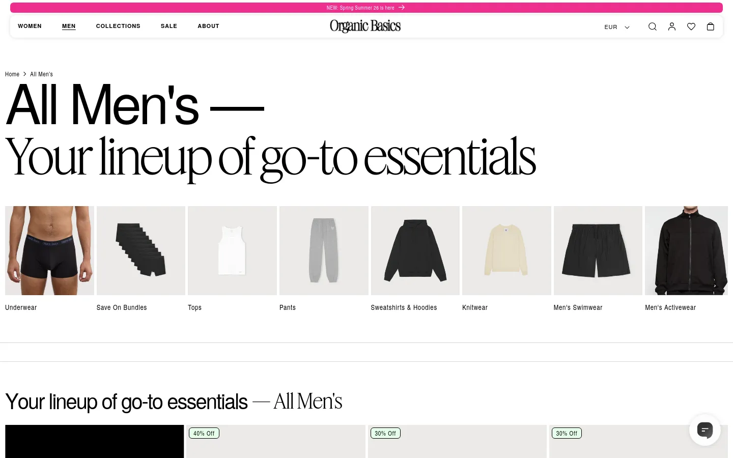 The desktop page features a clean, minimalist white layout with a large headline reading 'All Men's — Your lineup of go-to essentials'. Below the headline, a grid of product category images includes underwear, bundles, tops, pants, sweatshirts, knitwear, swimwear, and activewear. A navigation bar at the top includes links for Women, Men, Collections, Sale, and About, alongside search, profile, favorites, and shopping bag icons.