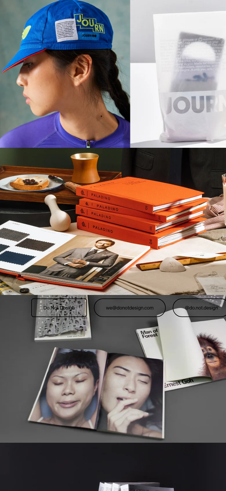 The mobile version maintains the same visual aesthetic but stacks the content vertically. The hero image is cropped to focus on the person's profile, and the three pill-shaped navigation buttons are arranged in a single row below the main image. The subsequent photographic sections follow in a vertical scroll, emphasizing large, immersive imagery.