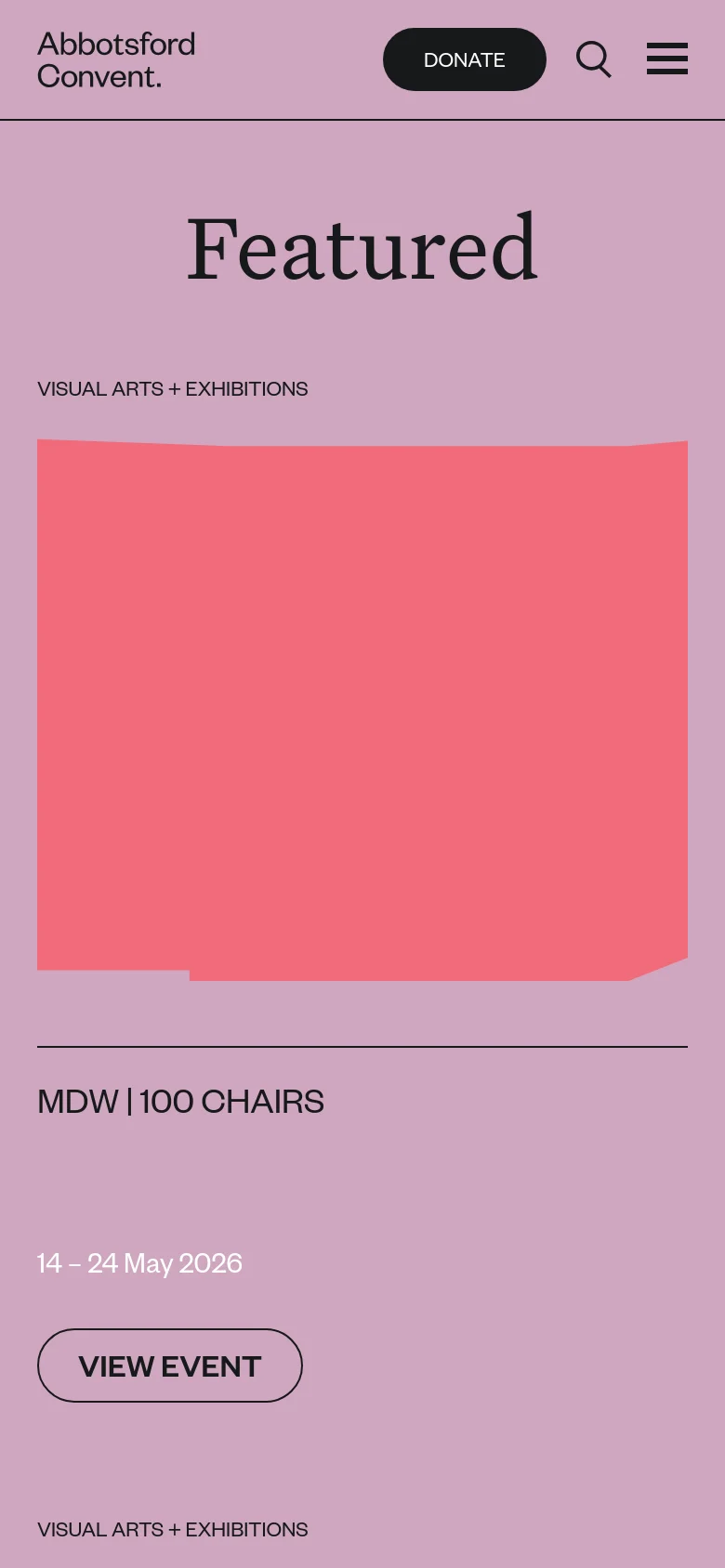 The mobile version simplifies the layout to a single-column view, focusing on the 'Featured' heading and large imagery. The top navigation is condensed into a hamburger menu icon next to a search icon and a 'Donate' button. The content flows vertically, presenting one large image and its corresponding event title and details at a time.