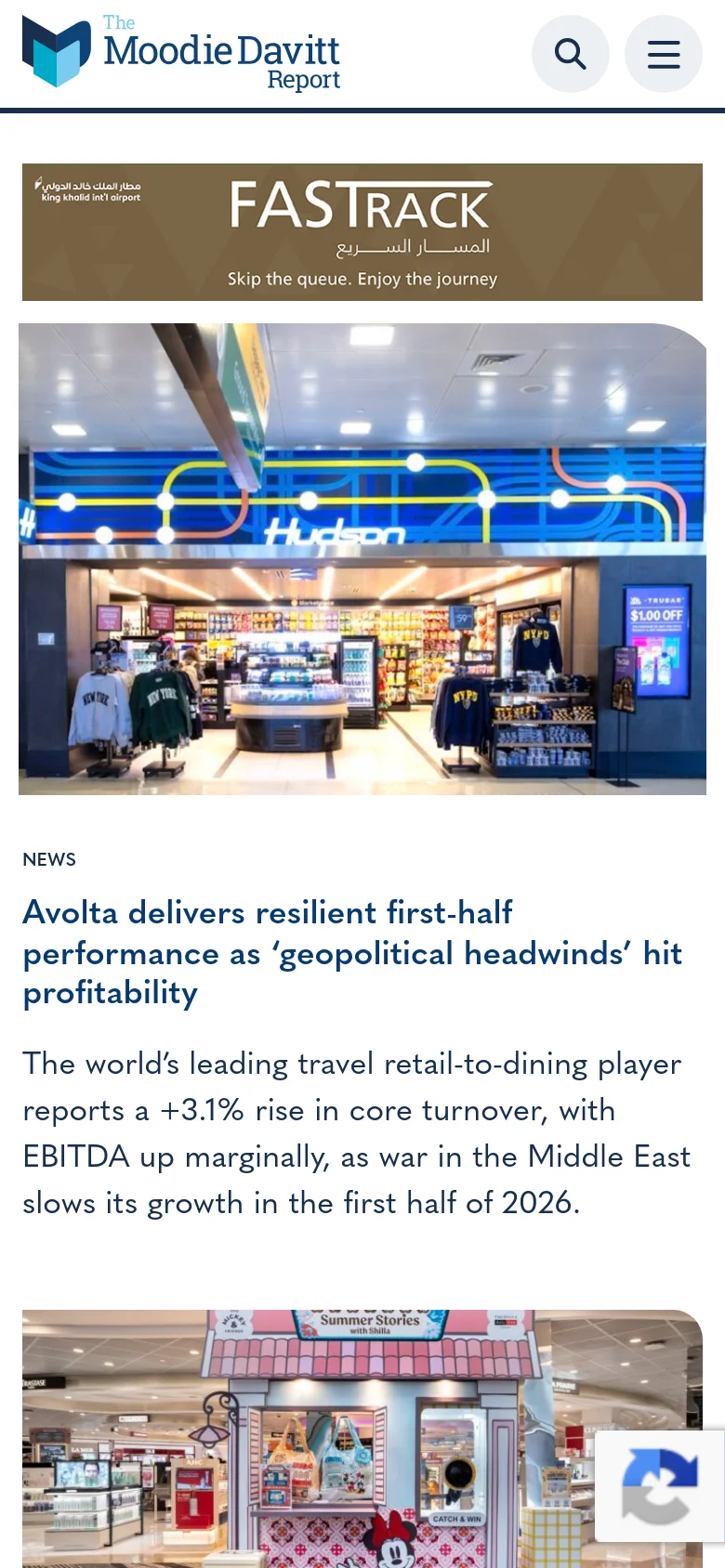 The mobile version presents a simplified layout with a condensed header containing the logo, a search icon, and a hamburger menu icon. The content follows a single-column vertical stack, starting with a large banner advertisement, followed by the main hero news story with a large image, and then subsequent news articles listed vertically.
