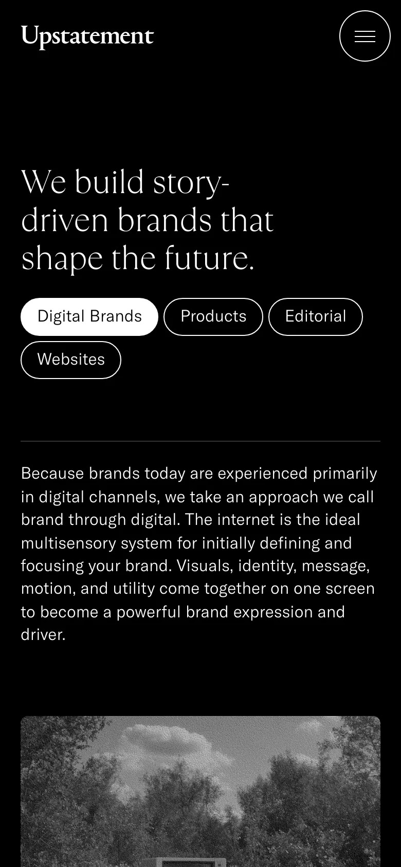 The mobile version maintains the dark theme and white typography but stacks the elements vertically. The headline and descriptive text are centered, and the four category buttons are arranged in a multi-row grid layout to fit the narrower screen width.