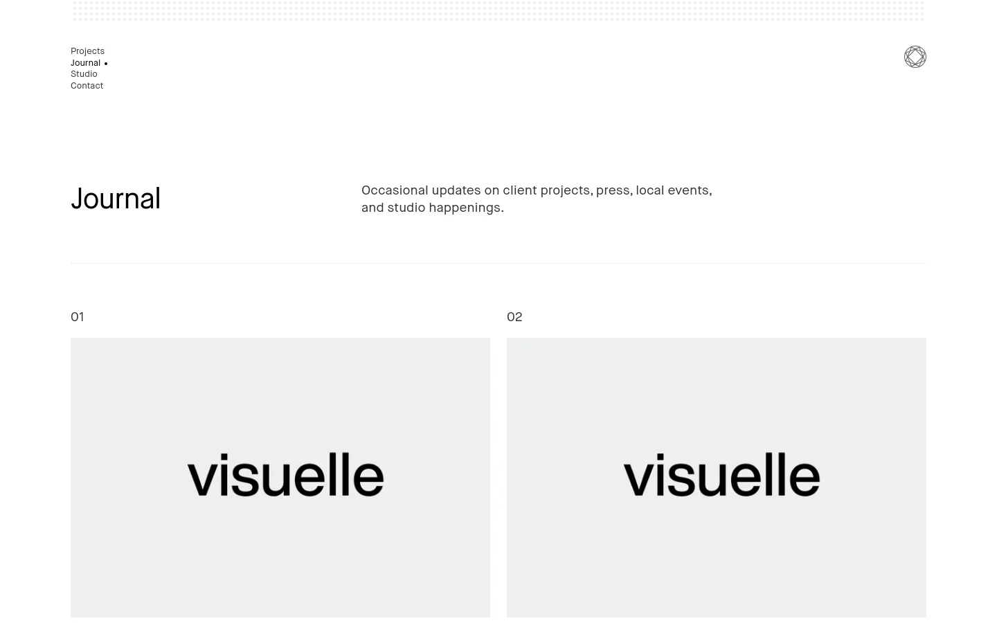 The desktop Journal page features a minimalist white layout with a clean navigation menu at the top left. A large 'Journal' heading is paired with a brief description, followed by a grid of journal entries. Each entry includes a large light-gray placeholder box with the word 'visuelle' in bold black text, a sequence number, a title, a date, and a short text snippet.