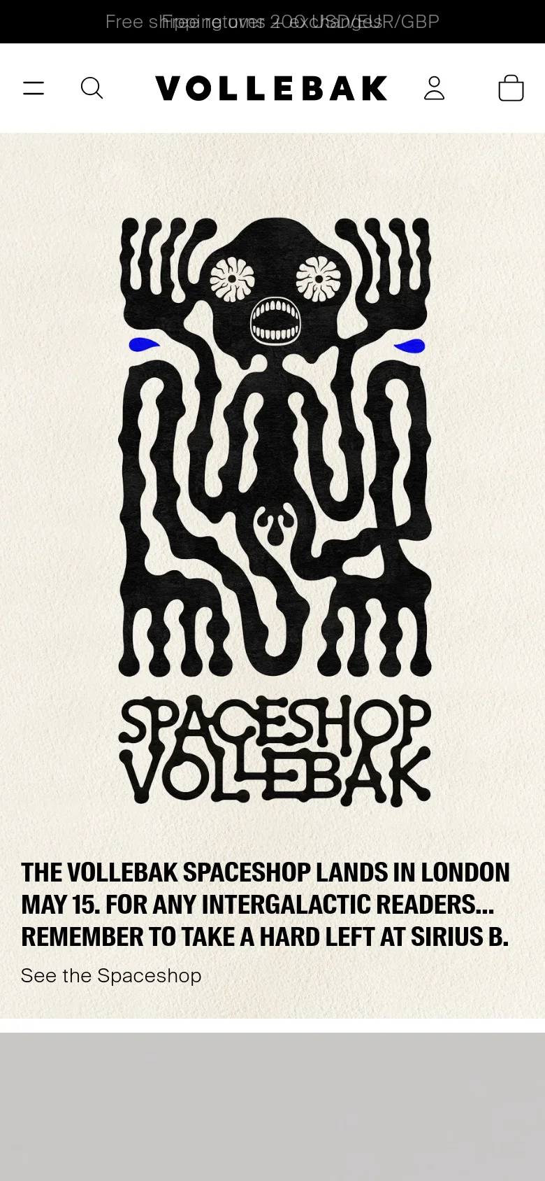 The mobile version presents a vertically stacked layout optimized for small screens, featuring a centered hamburger menu, search icon, logo, user profile, and shopping bag at the top. The hero section prominently displays the black skull graphic and the 'Spaceshop' announcement text, followed by a single-column view of the brand's futuristic product offerings.