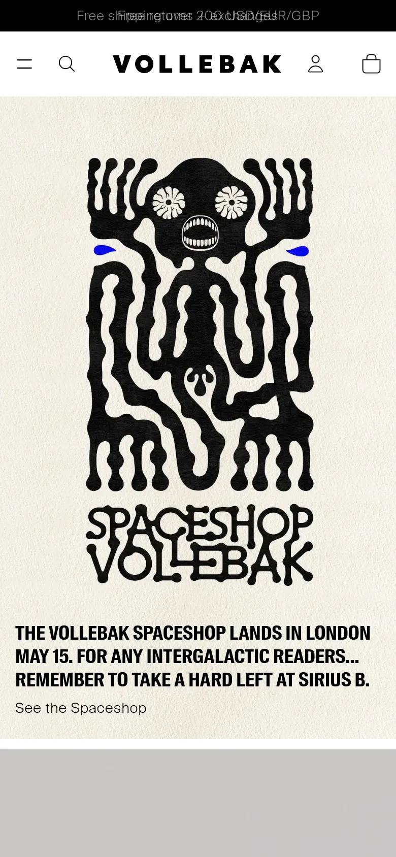 The mobile version presents a vertically stacked layout optimized for small screens, featuring a centered hamburger menu, search icon, logo, user profile, and shopping bag at the top. The hero section prominently displays the black skull graphic and the 'Spaceshop' announcement text, followed by a single-column view of the brand's futuristic product offerings.