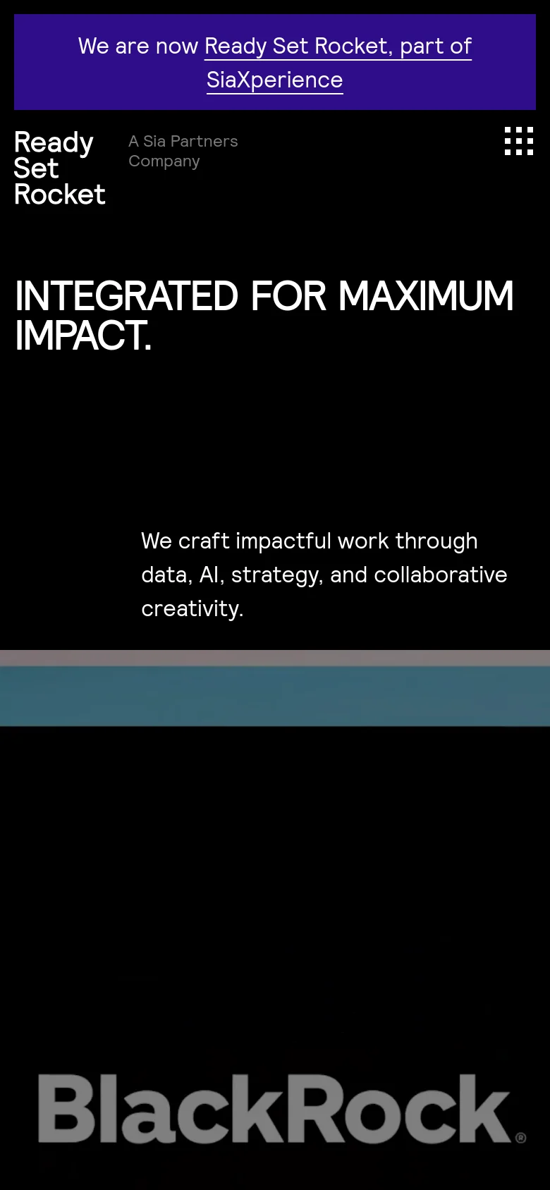 The mobile version presents a vertically stacked layout optimized for small screens. The hero text is centered, and the navigation menu is condensed, while the work showcase transitions from a grid to a single-column scroll of large, full-width images and project descriptions.