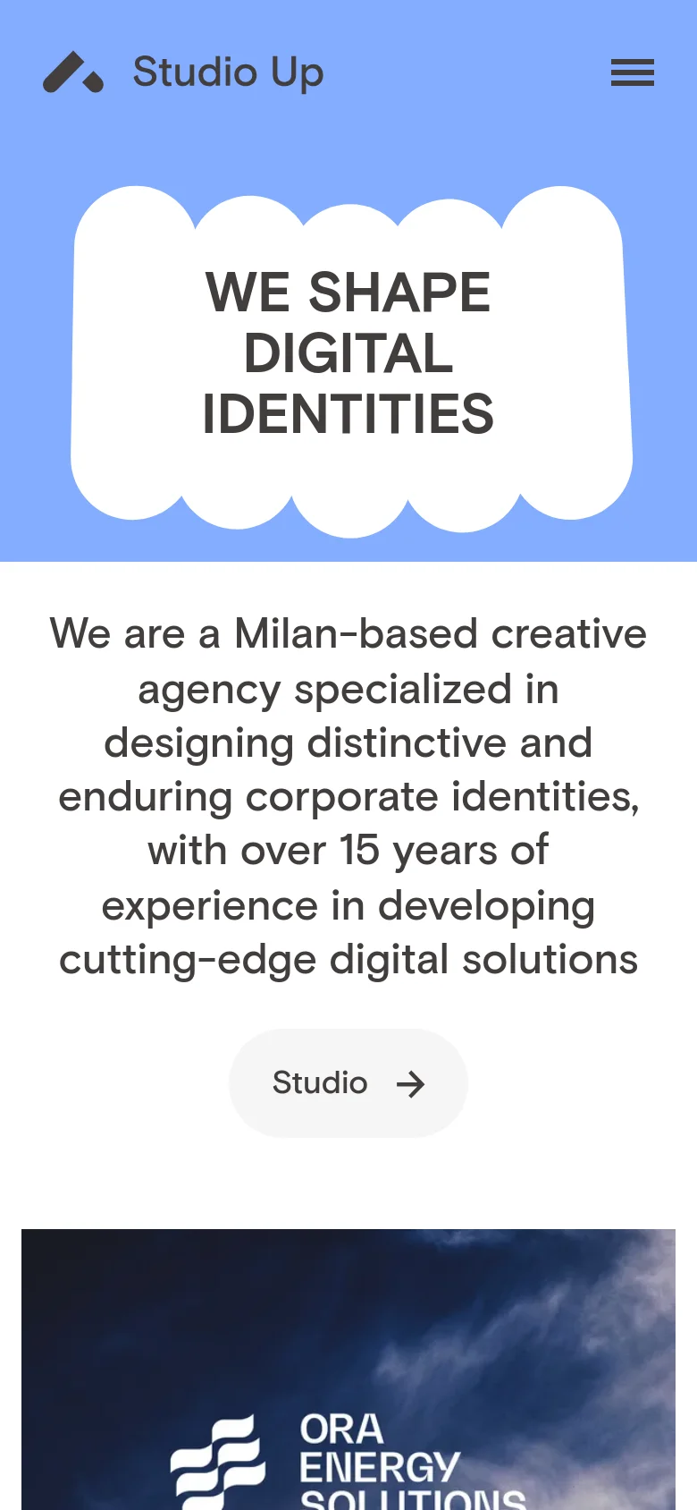 The mobile version presents a vertically stacked layout starting with the Studio Up logo and a hamburger menu icon on a light blue header. The hero section features the 'WE SHAPE DIGITAL IDENTITIES' text within a white scalloped shape, followed by a single-column list of text and a 'Studio' call-to-action button. Portfolio images are displayed one after another in a vertical scroll.