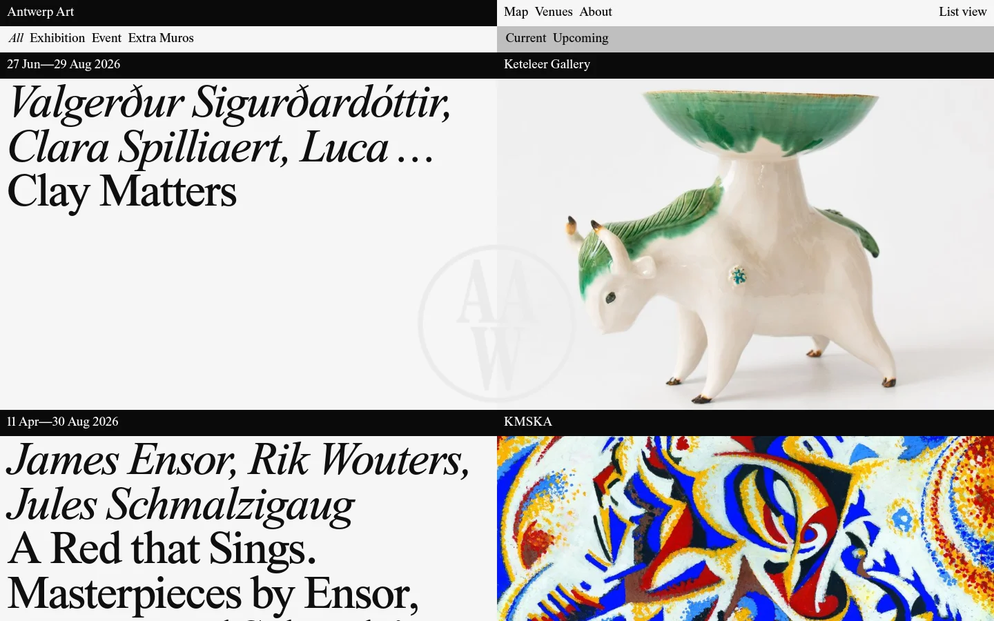 The Antwerp Art homepage features a minimalist design with a black, white, and gray color palette. The layout displays an agenda of art exhibitions using large, elegant serif typography paired with high-quality imagery of artworks. A navigation bar at the top includes links for Map, Venues, and About, while a sub-menu allows filtering by exhibition type and date.
