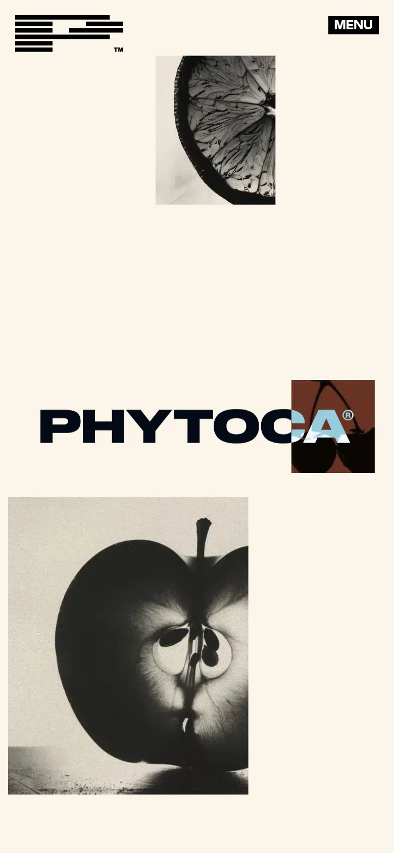 The mobile version maintains the minimalist cream and black aesthetic but uses a vertical stack layout. The 'MENU' button is prominent at the top right, and the botanical imagery is rearranged into a single column, focusing on large, high-contrast close-ups of fruit and flowers to fit the narrow screen.