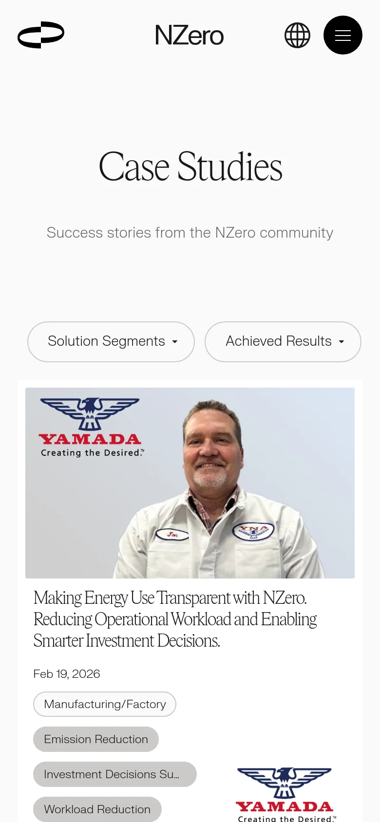 The mobile version displays a single-column layout with the NZero logo, a globe icon, and a hamburger menu at the top. The 'Case Studies' heading is centered, followed by filter dropdowns that span the width of the screen. Case study entries are stacked vertically, showing a large image followed by the title, date, and tags for each story.