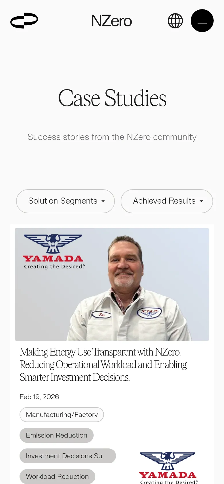 The mobile version displays a single-column layout with the NZero logo, a globe icon, and a hamburger menu at the top. The 'Case Studies' heading is centered, followed by filter dropdowns that span the width of the screen. Case study entries are stacked vertically, showing a large image followed by the title, date, and tags for each story.