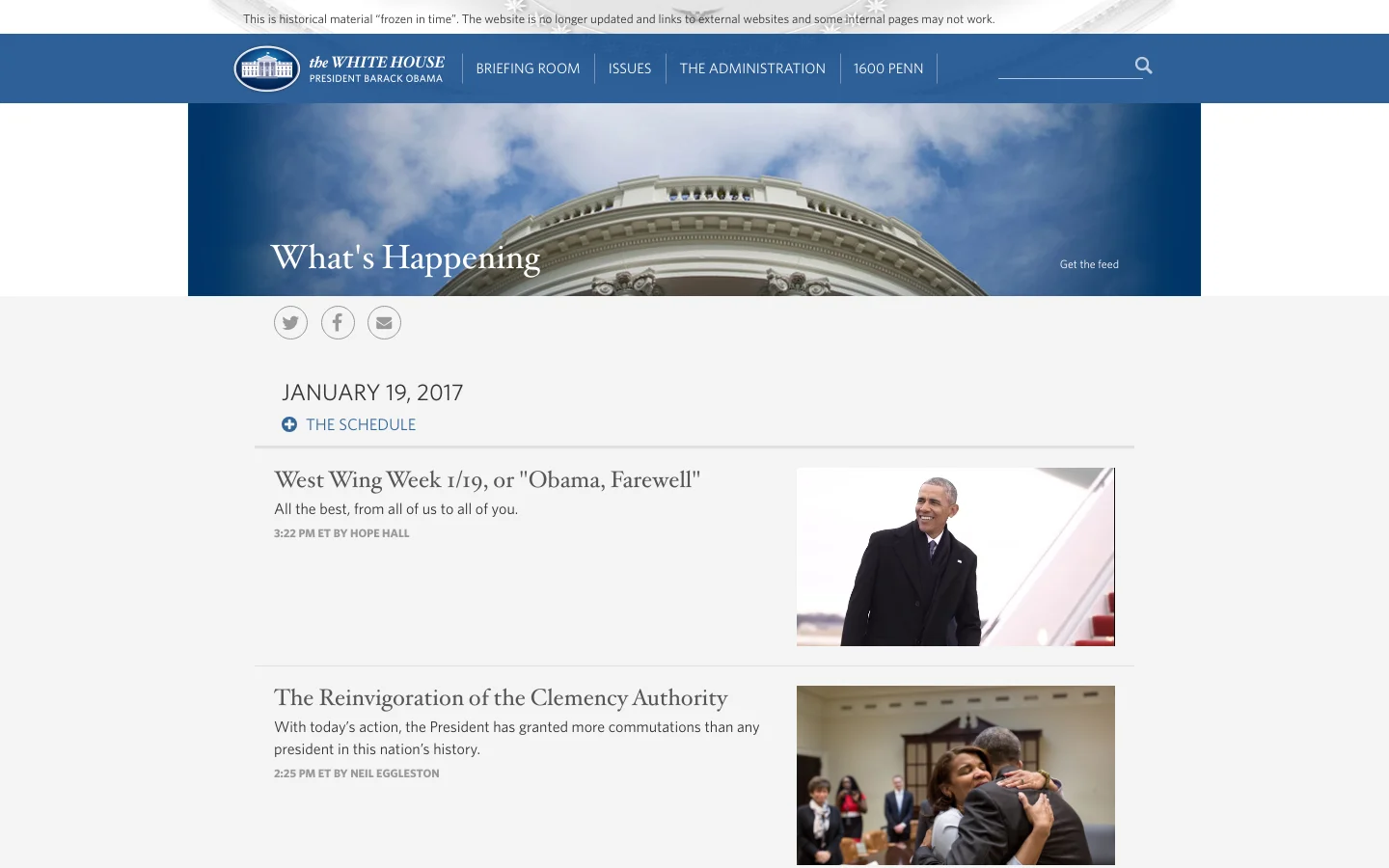 The desktop version of The White House Blog features a dark blue header with navigation links and a large hero image of the White House dome under a blue sky with the headline 'What's Happening'. Below the hero image, a chronological feed of blog posts includes social media icons, dates, headlines, short summaries, and accompanying photographs. The layout is clean with ample white space and a single-column content flow.