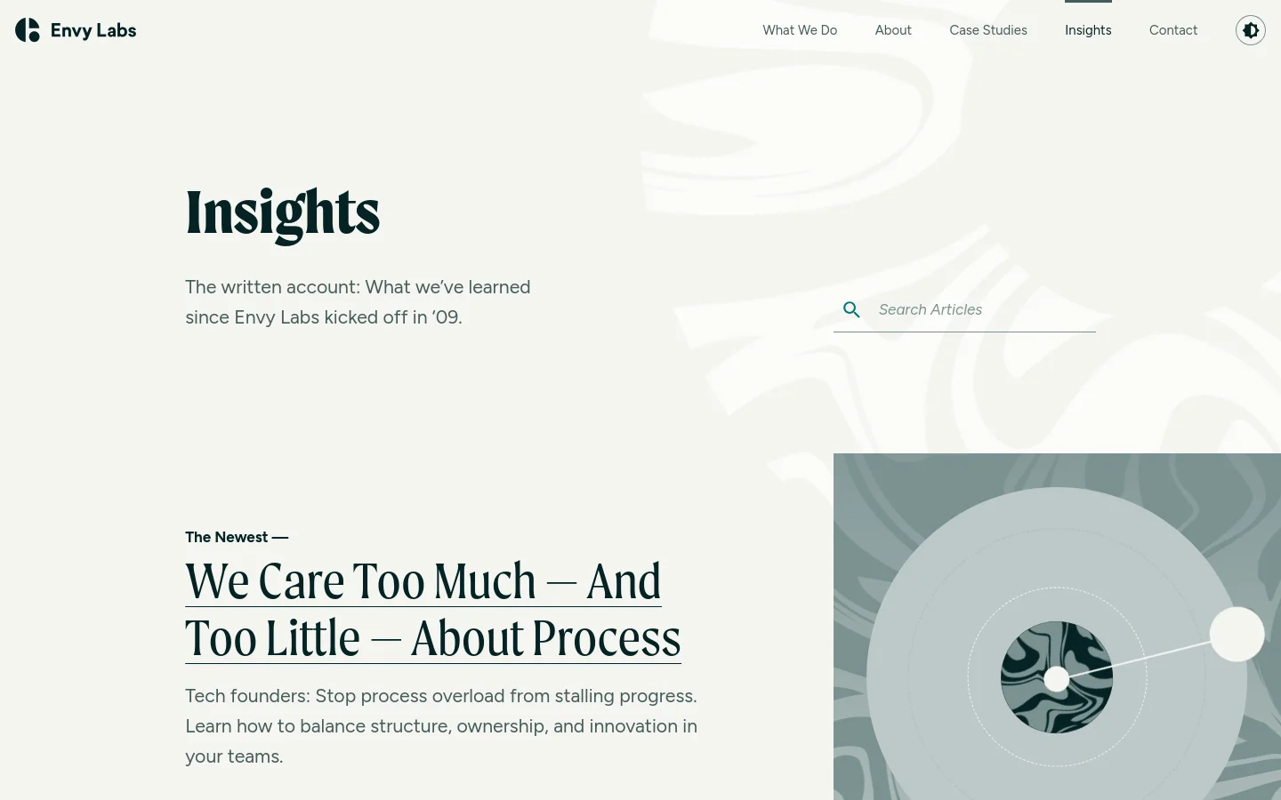 The Insights page features a minimalist design with a light grey background and dark serif typography. The desktop layout shows a large 'Insights' headline on the left, a search bar on the right, and a featured article section below with a large abstract geometric graphic on the right side.