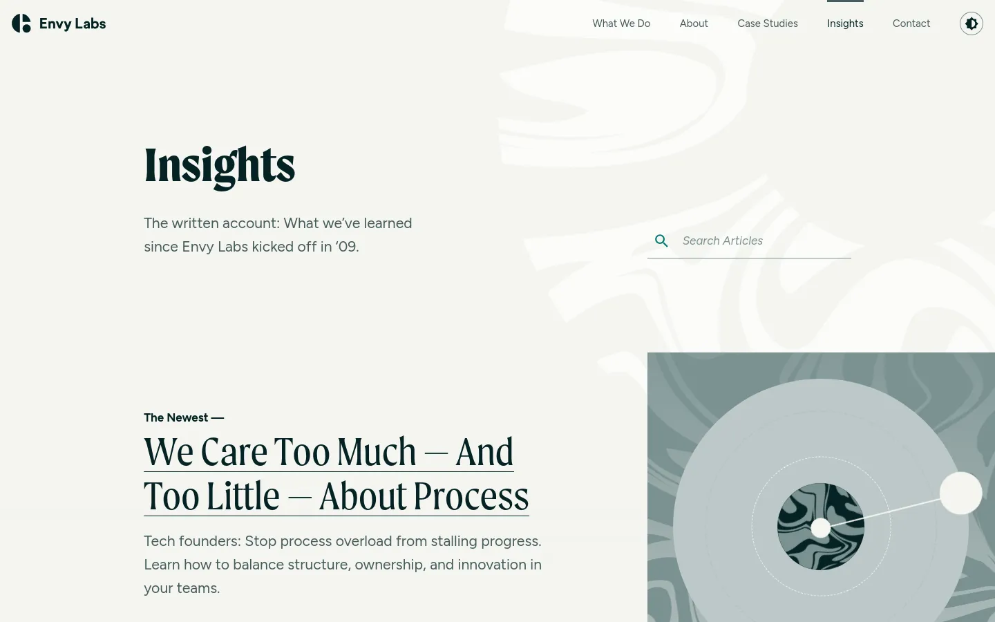 The Insights page features a minimalist design with a light grey background and dark serif typography. The desktop layout shows a large 'Insights' headline on the left, a search bar on the right, and a featured article section below with a large abstract geometric graphic on the right side.