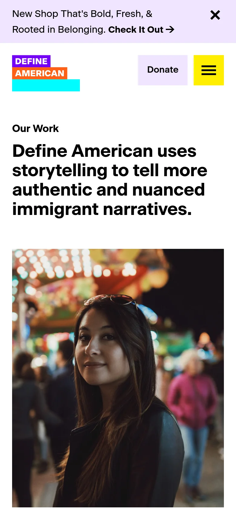 The mobile version displays a simplified layout with a hamburger menu icon and a prominent Donate button in the header. The main headline and hero image are stacked vertically, taking up the full width of the screen, while the content grid is condensed into a single-column vertical scroll.