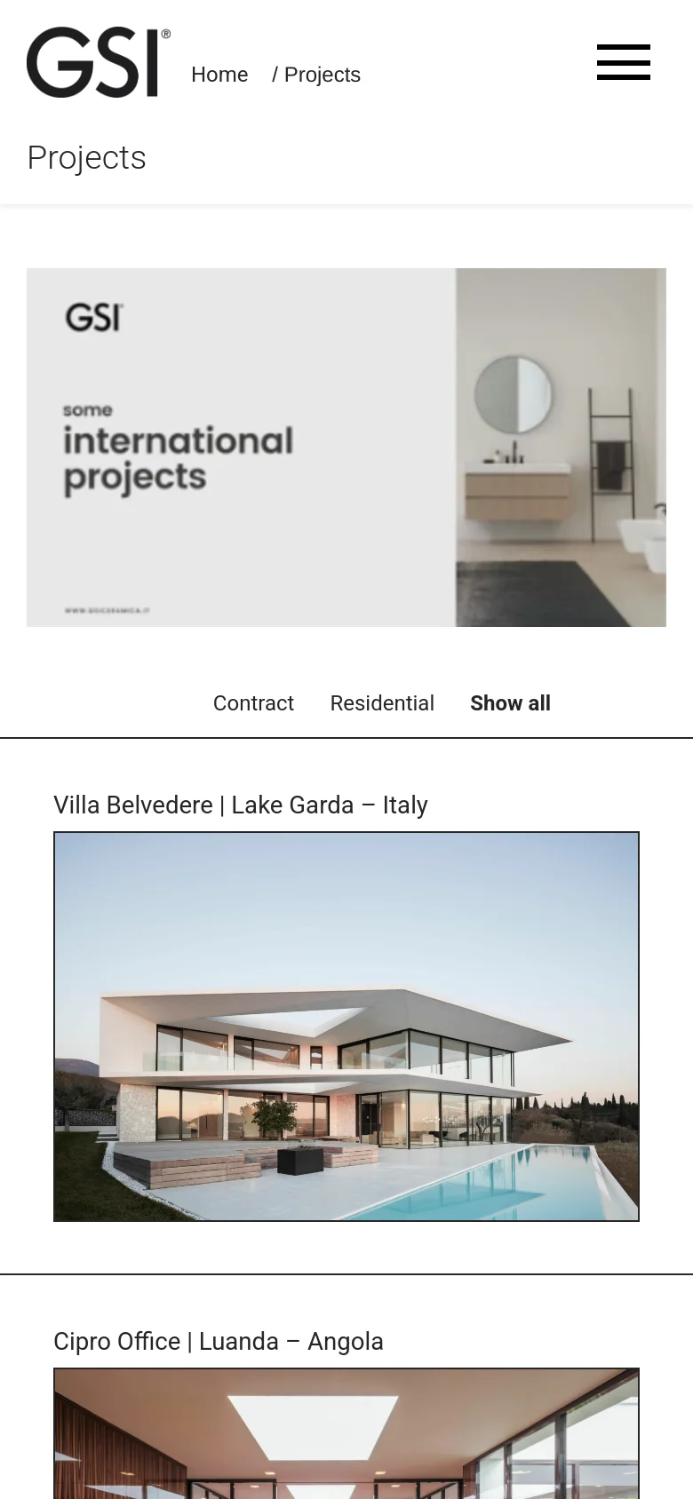 The mobile version presents a vertically stacked layout starting with a condensed hero banner and the 'Projects' heading. The project categories 'Contract', 'Residential', and 'Show all' are arranged in a single row below the banner. Project entries are displayed as large, full-width image cards with their respective titles positioned above each photo.