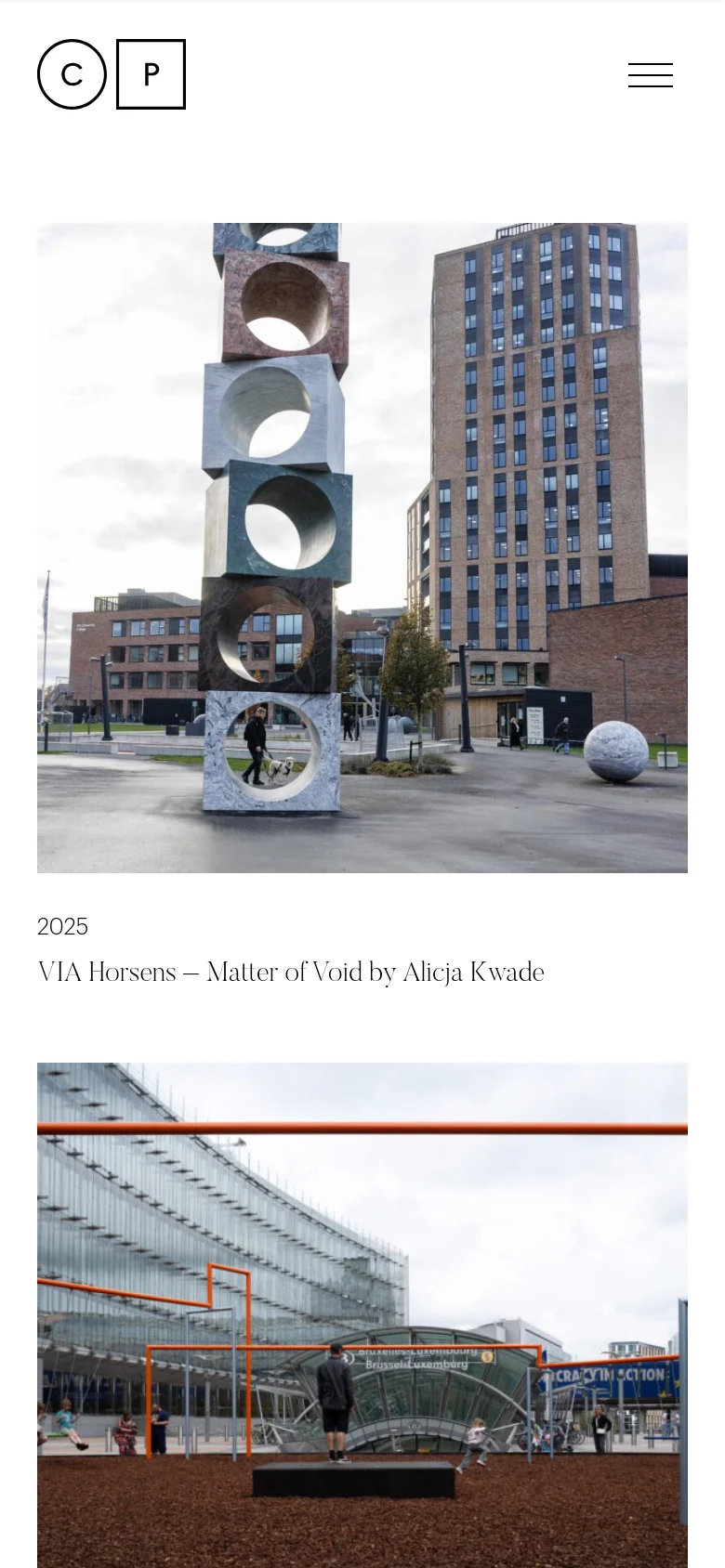 The mobile version presents a single-column vertical scroll of large project images and text, emphasizing the visual content. The navigation is condensed into a hamburger menu icon in the top right, while the 'CP' logo remains in the top left.