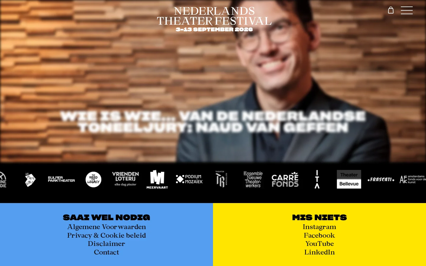 The blog page for Nederlands Theater Festival features a grid of news articles, each consisting of a rectangular image, a date, and a bold headline. The layout is clean with a white background and dark text, showcasing various theater-related news and jury announcements. A large hero section at the top features a portrait of Naud van Geffen against a wooden background with the festival logo and dates.