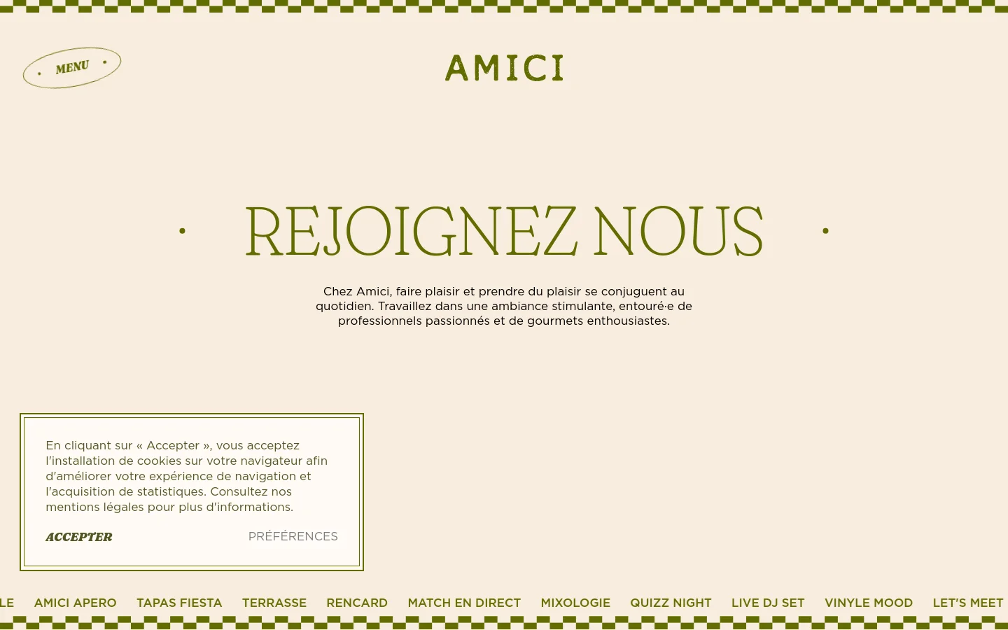 The desktop recruitment page features a minimalist cream background with olive green text. The headline 'REJOIGNEZ NOUS' is centered at the top, followed by an introductory paragraph and a large, slightly tilted hero image of a tropical cocktail. A cookie consent banner appears in the lower-left corner, and a horizontal navigation menu sits at the bottom of the screen.