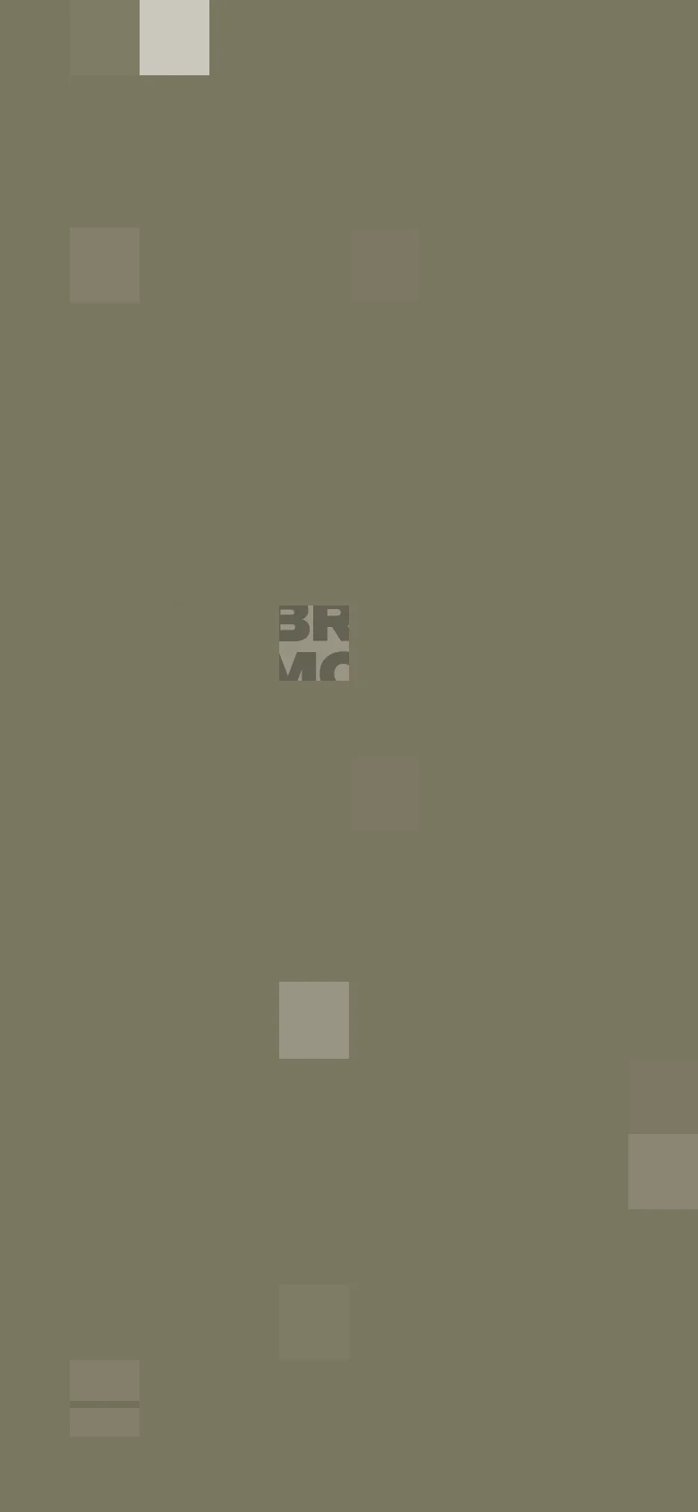 A mobile version of the landing page featuring a muted olive-grey background. The layout is vertically oriented with large, semi-transparent block elements and faint grey text visible in the center.