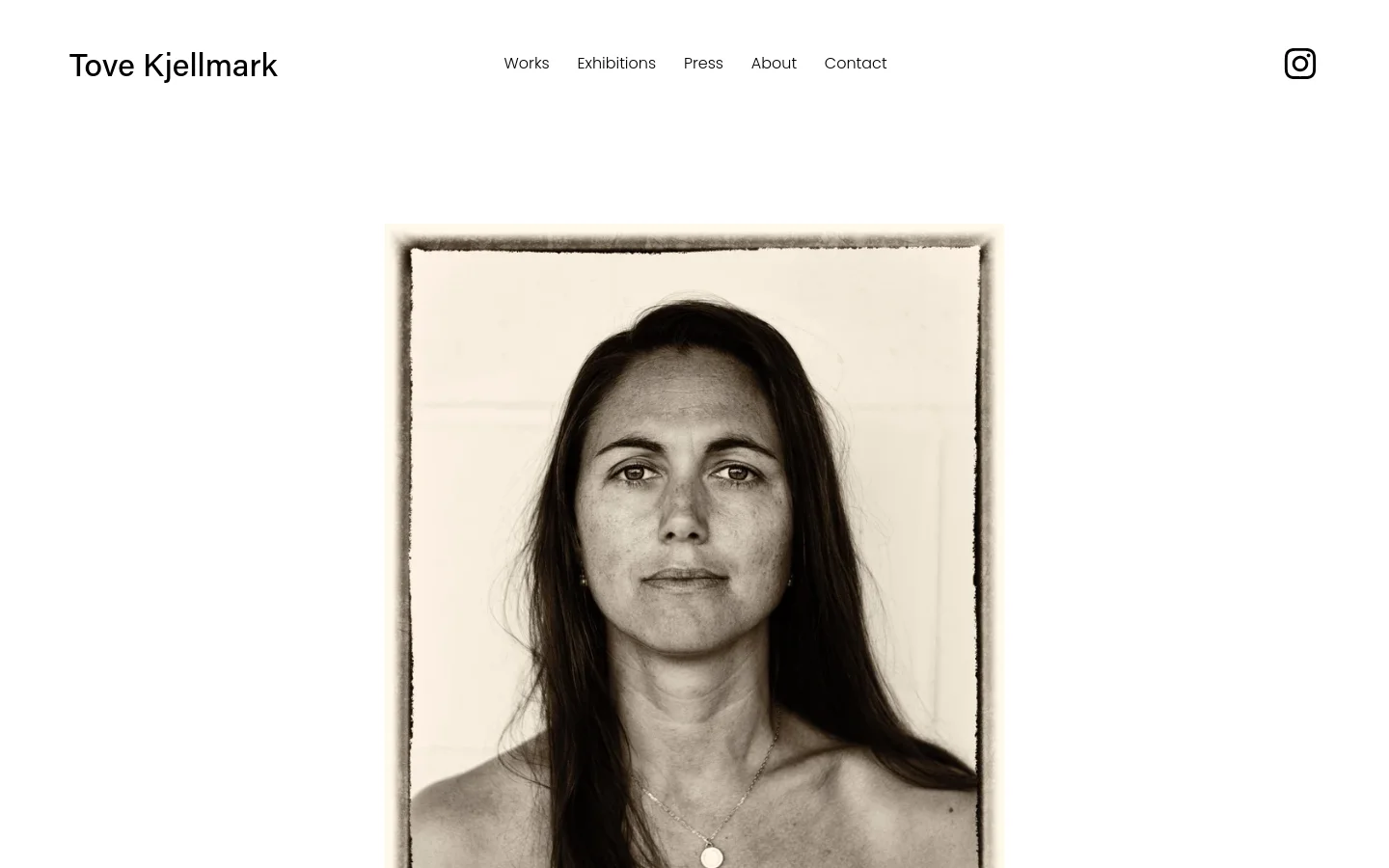 The desktop homepage features a minimalist white layout with the name 'Tove Kjellmark' in the top left and a navigation menu including Works, Exhibitions, Press, About, and Contact on the right. A large, black and white portrait of a woman serves as the central hero image. An Instagram icon is positioned in the top right corner.
