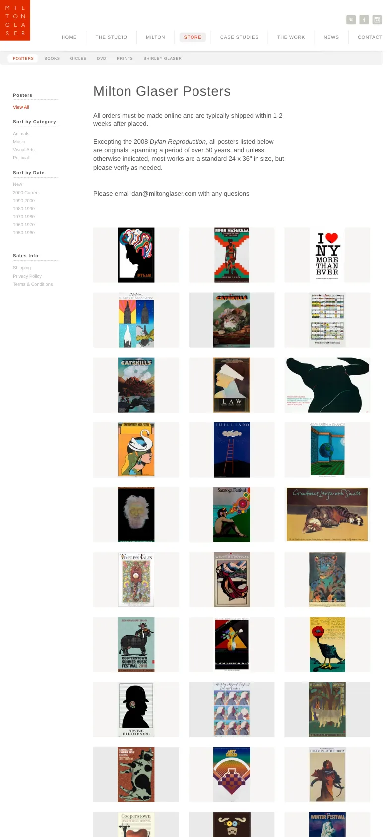 The mobile version features a simplified vertical layout with the Milton Glaser logo and social media icons at the top. The navigation menu and product filters are stacked vertically on the left, and the poster gallery transitions into a single-column grid of large, colorful images for easier scrolling on a small screen.