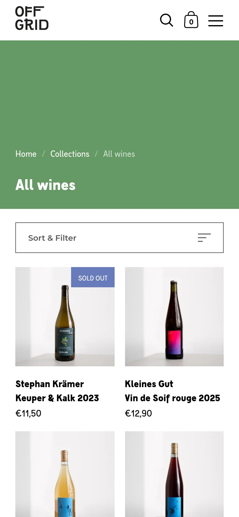 The mobile version features a condensed layout with the green hero section at the top, followed by a full-width 'Sort & Filter' button. The wine product grid shifts to a single or double column, showing bottle images, names, and prices. The sidebar navigation is replaced by a hamburger menu icon and a search icon in the top header.