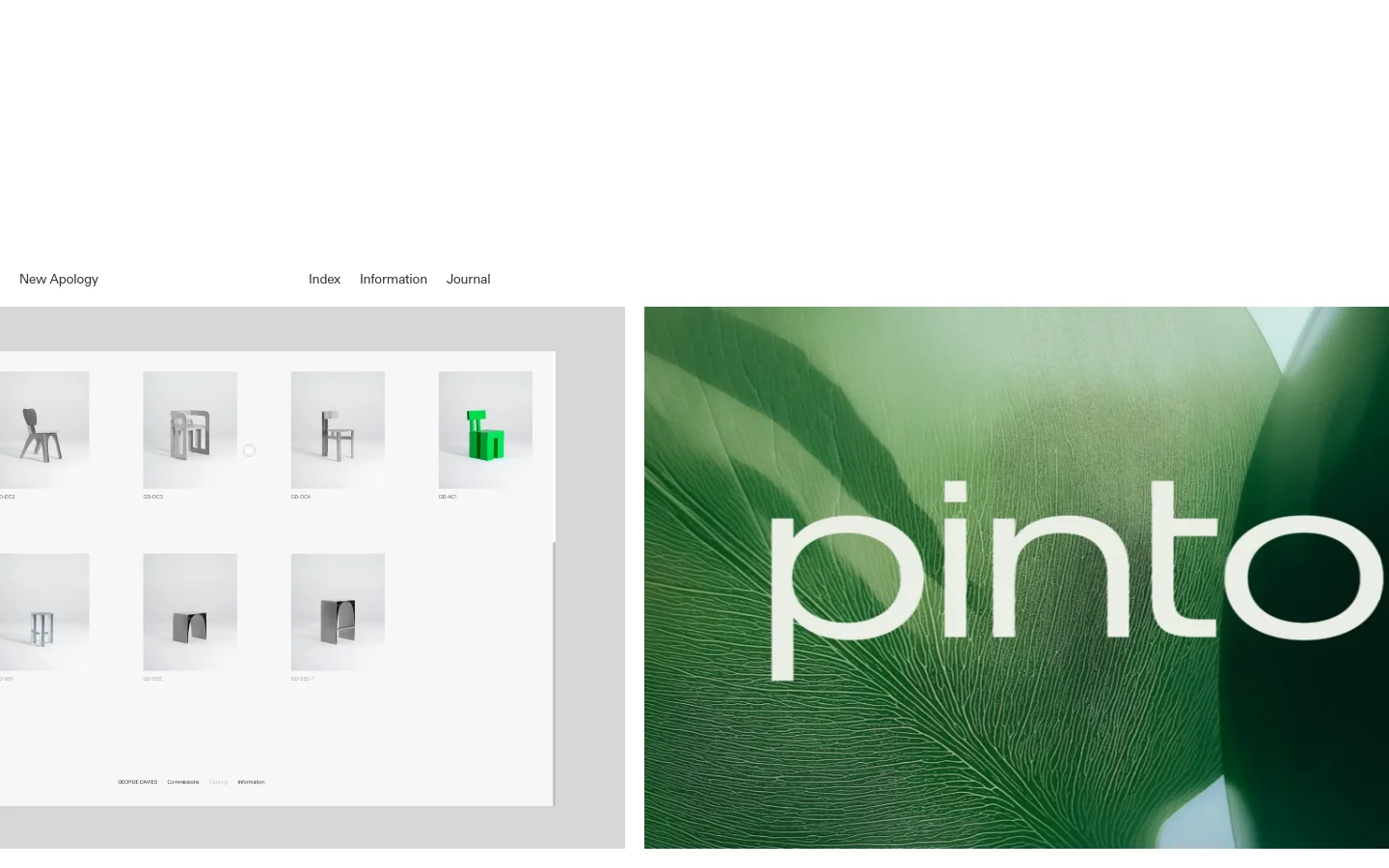 The New Apology homepage features a minimalist design with a white background and a navigation menu containing Index, Information, and Journal. The layout consists of a large grid of high-quality project images, including a prominent split-screen view showing a close-up of a green leaf texture next to a product shot of a chair. The aesthetic is clean and modern, focusing on visual portfolio work.