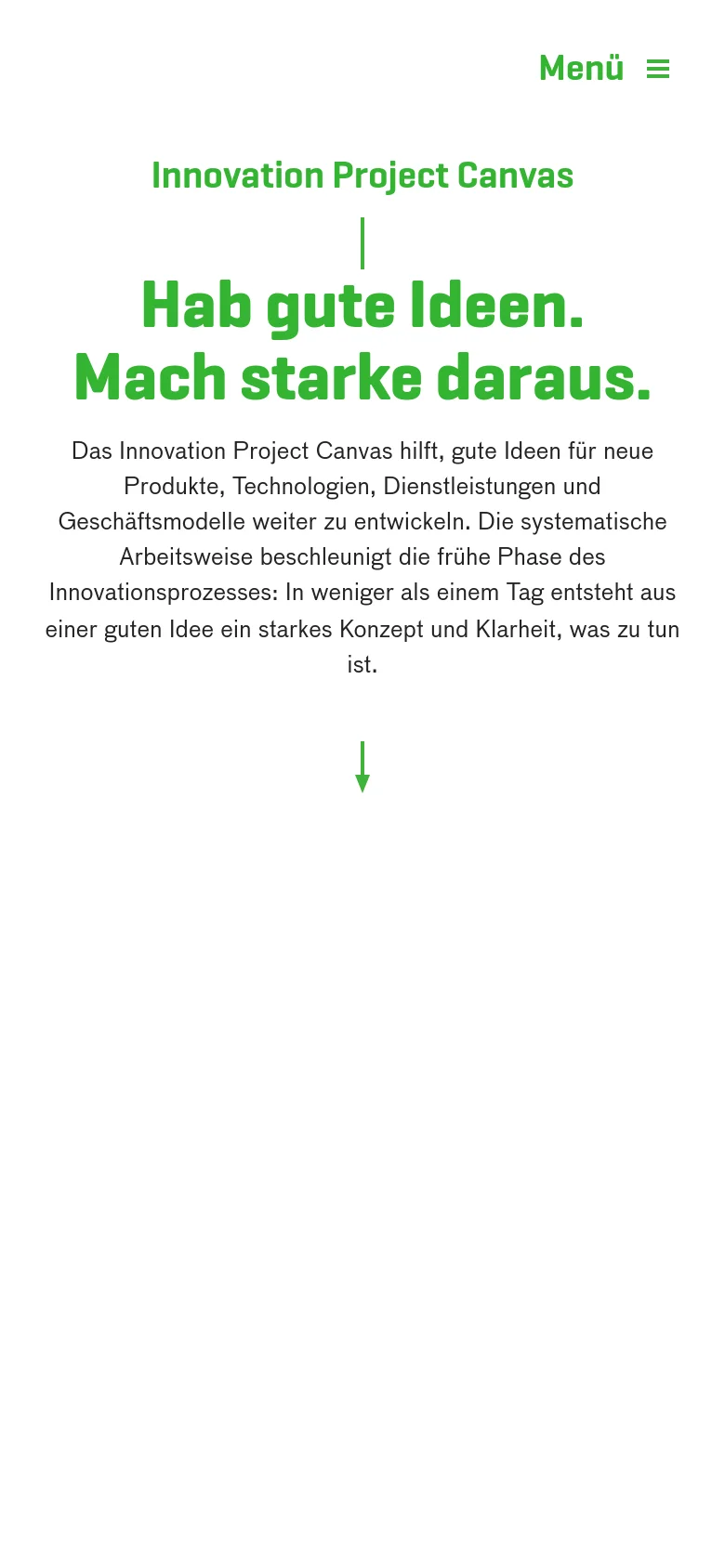 The mobile version maintains the minimalist white and green aesthetic but uses a vertical layout. The 'Menü' icon is prominent at the top right, and the text elements, including the main headline and descriptive paragraph, are centered and stacked vertically to fit the narrow screen, with the green organic shapes appearing more sparsely around the text.