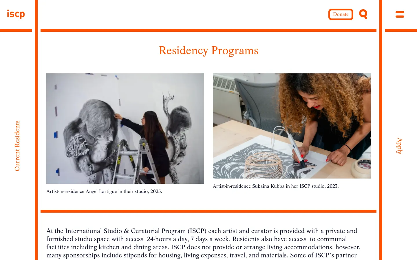 The desktop page for Residency Programs features a minimalist white layout with orange accents. A large hero section displays two side-by-side photographs of artists working in studios, with captions for Angel Lartigue and Sukaina Kubba. The navigation is spread across the top and sides, including a prominent 'Donate' button and a search icon.