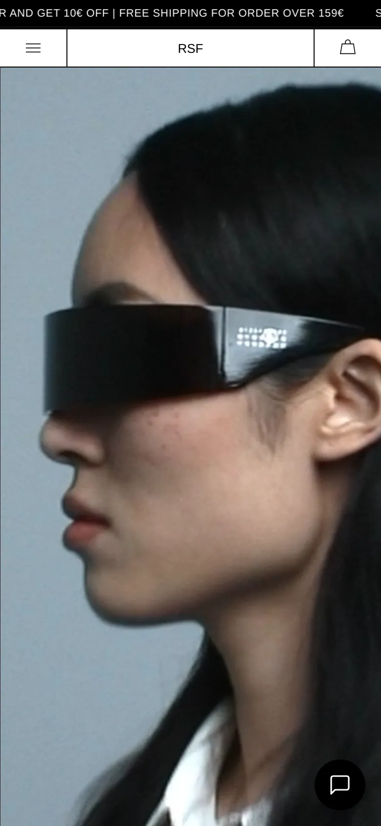 The mobile version uses a simplified header with a hamburger menu, centered brand logo, and a shopping bag icon. The hero image is a vertical close-up of a person wearing black sunglasses, and the layout transitions to a single-column view for product listings.