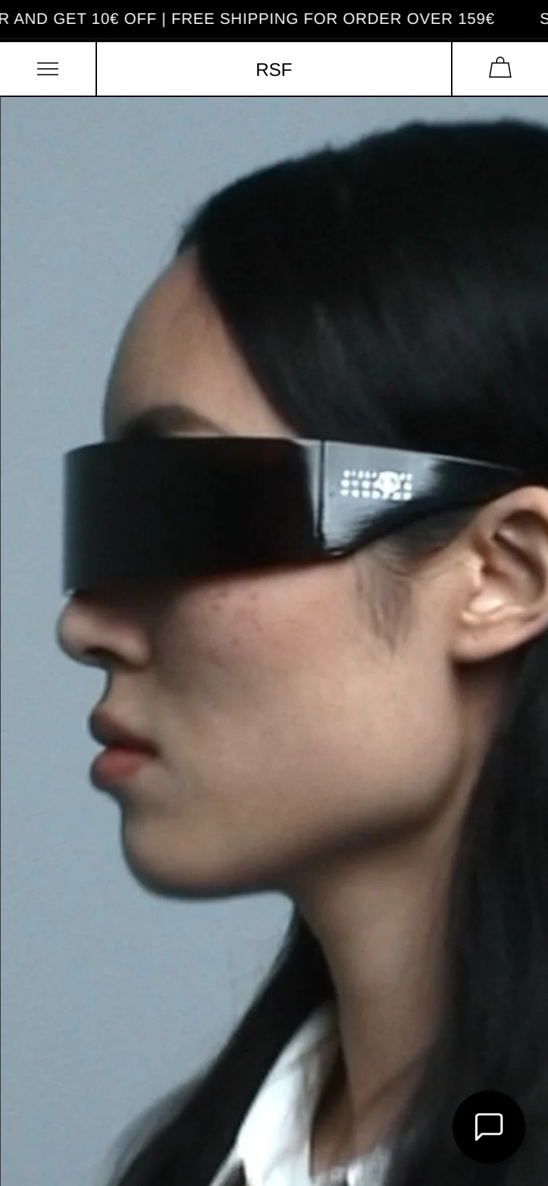 The mobile version uses a simplified header with a hamburger menu, centered brand logo, and a shopping bag icon. The hero image is a vertical close-up of a person wearing black sunglasses, and the layout transitions to a single-column view for product listings.