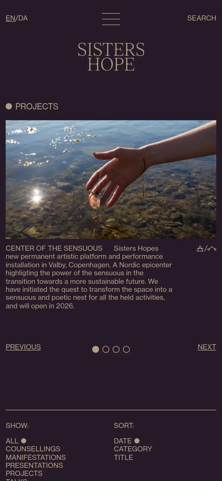 The mobile version presents a vertically stacked layout optimized for small screens. The hero image and project descriptions appear in a single-column format, and the bottom navigation menu for filtering projects is expanded into a vertical list. The dark color palette and elegant serif typography remain consistent with the desktop version.