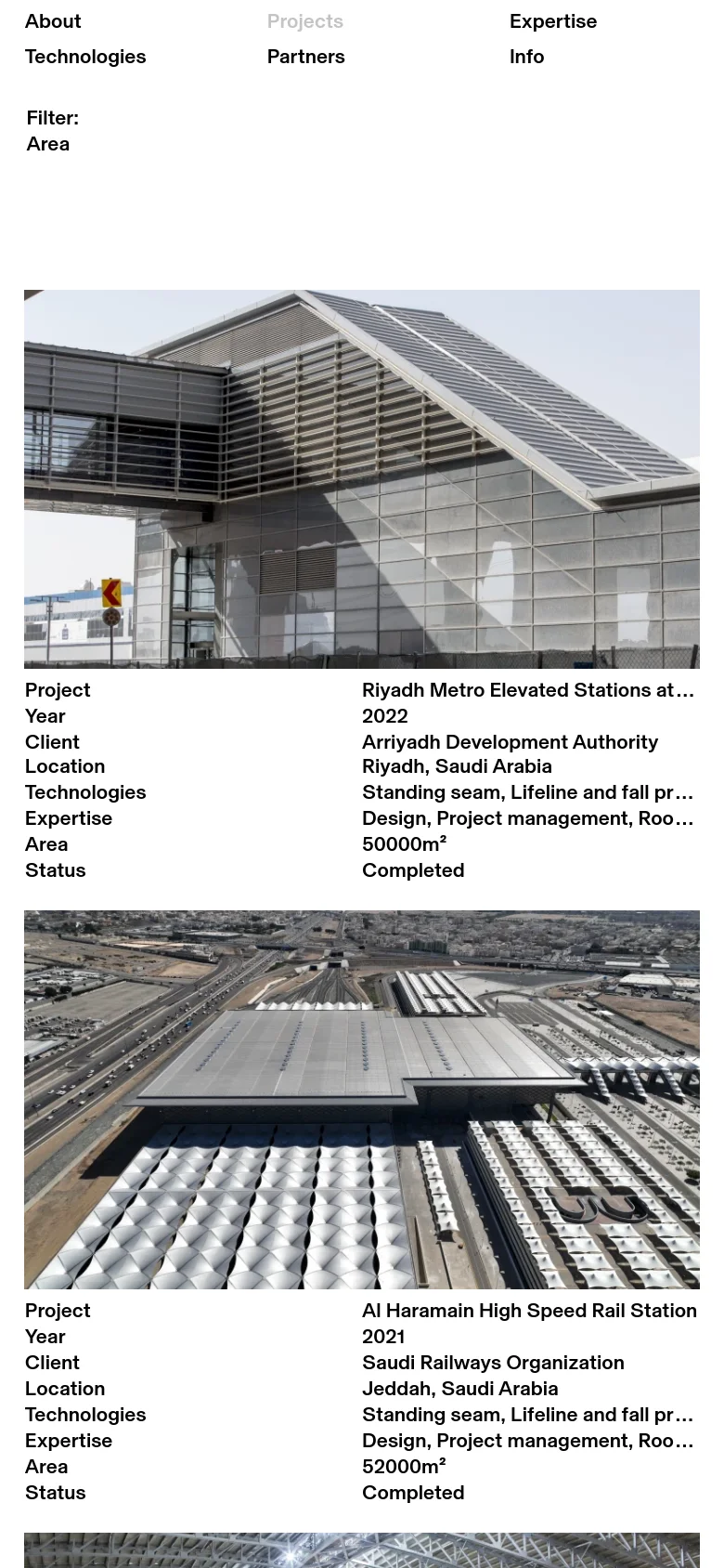 The mobile version maintains the white background and minimalist aesthetic but transitions to a single-column vertical stack. The navigation menu is simplified, and project cards are displayed one at a time, showing a large image followed by the project details below it.