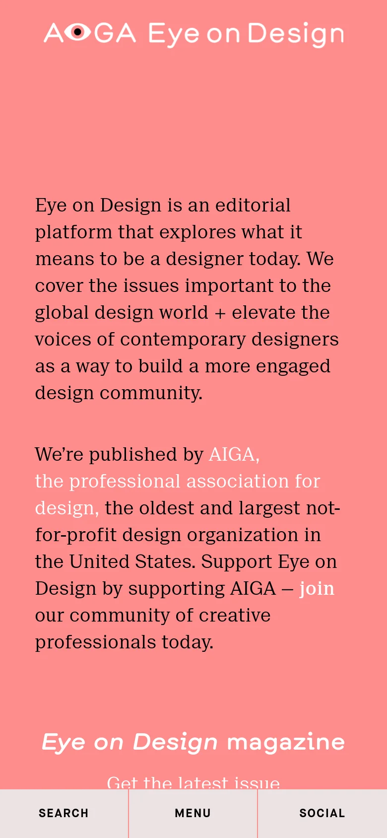 The mobile version maintains the salmon-pink background and white text but uses a stacked vertical layout for readability. The header is simplified with a hamburger menu icon, and the bottom of the screen features a fixed navigation bar with large buttons for Search, Menu, and Social.