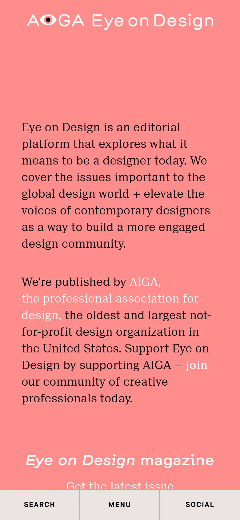 The mobile version maintains the salmon-pink background and white text but uses a stacked vertical layout for readability. The header is simplified with a hamburger menu icon, and the bottom of the screen features a fixed navigation bar with large buttons for Search, Menu, and Social.