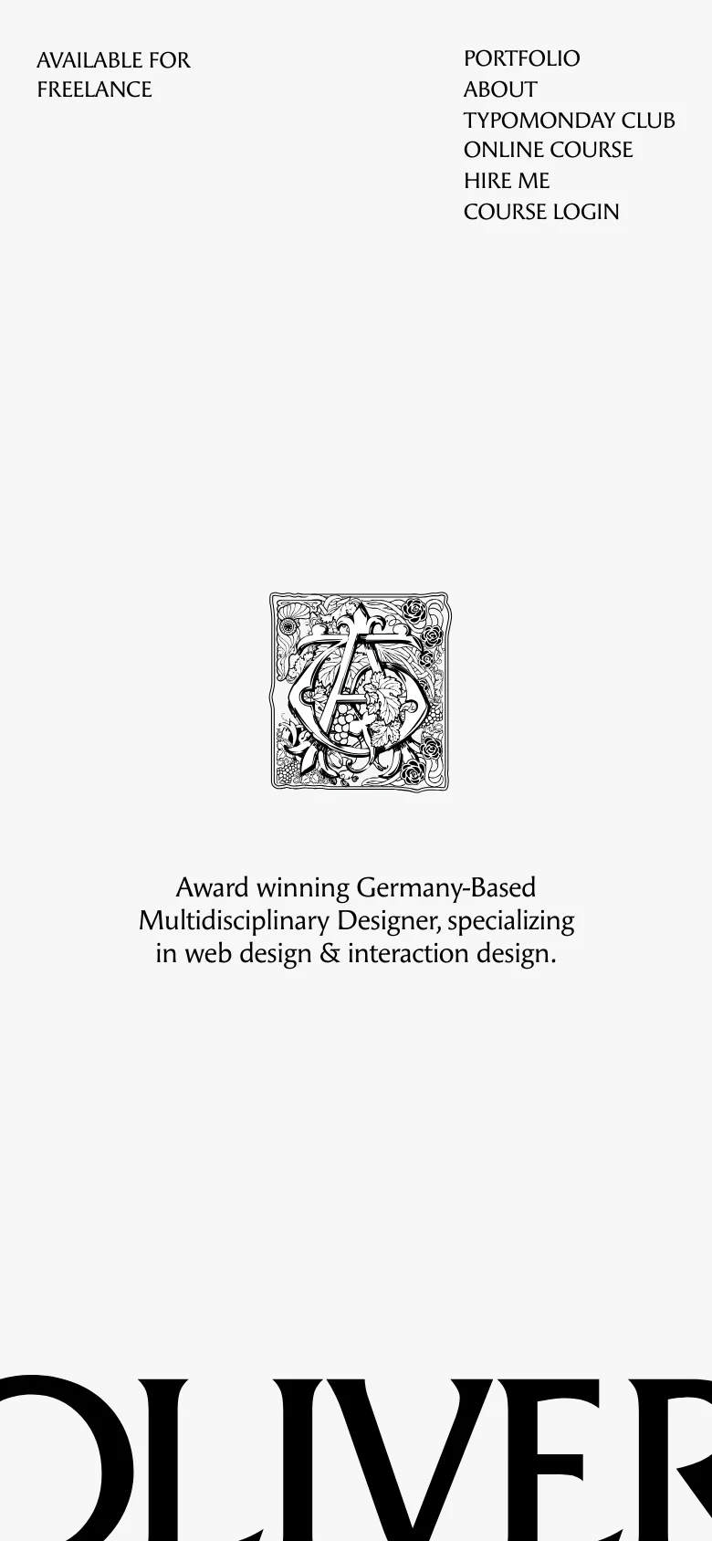 The mobile version maintains the minimalist white and black aesthetic but shifts to a vertical stack. Navigation is condensed into a menu, and the large typography is scaled to fit the narrower screen width. The project showcase transitions from a wide layout to a single-column view for easier scrolling on mobile devices.