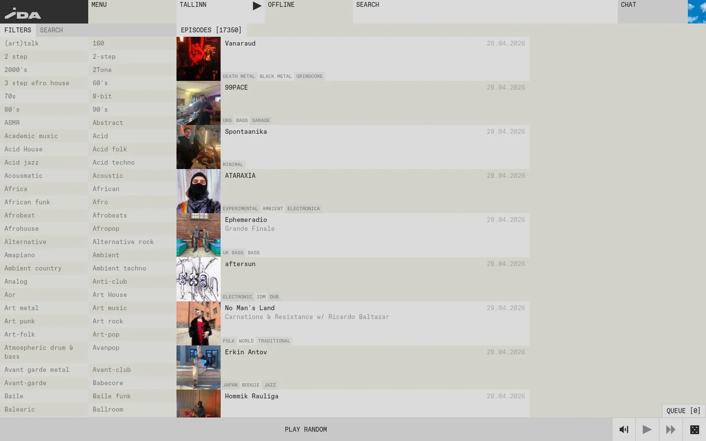 The desktop version of the IDA radio episodes page features a minimalist light gray layout with a sidebar on the left containing numerous genre filter tags. The main content area displays a vertical list of audio episodes, each showing a thumbnail image, title, genre tags, and a date. A bottom navigation bar includes a 'PLAY RANDOM' button and playback controls.