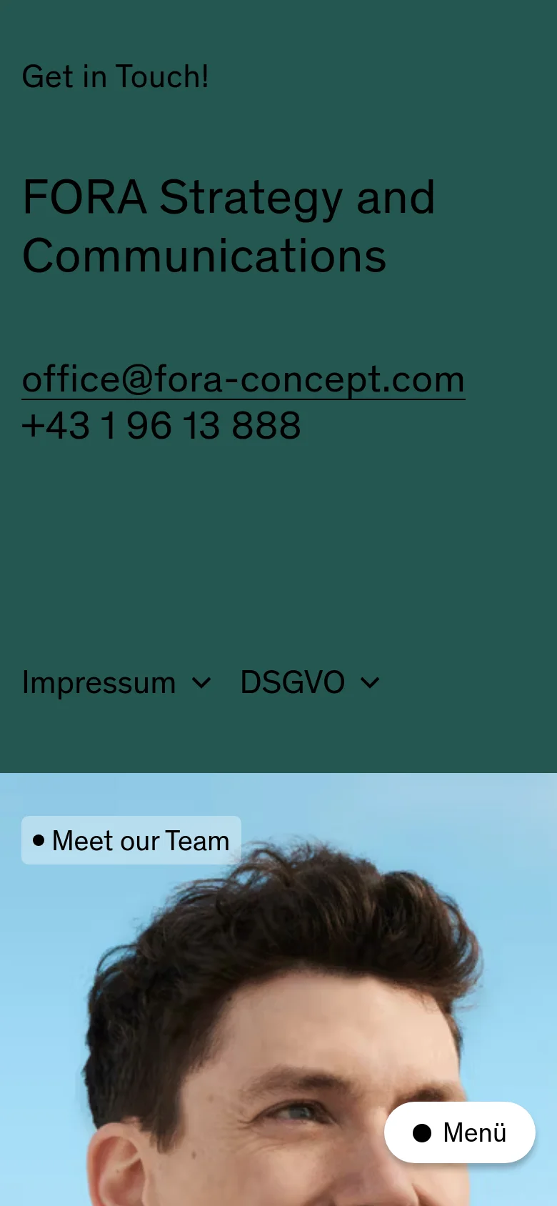 FORA contact page in a stacked mobile layout. The design features large, bold typography for the headline and contact information, followed by a vertical list of office addresses and a prominent button to meet the team.