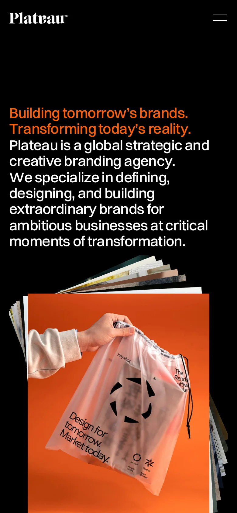 The mobile version uses a vertical layout with a dark background and large, high-contrast white and orange text. The hero section is dominated by a large headline and a prominent lifestyle image of a hand holding a branded translucent bag against an orange background, with the service lists and client grid stacked vertically for easier scrolling.