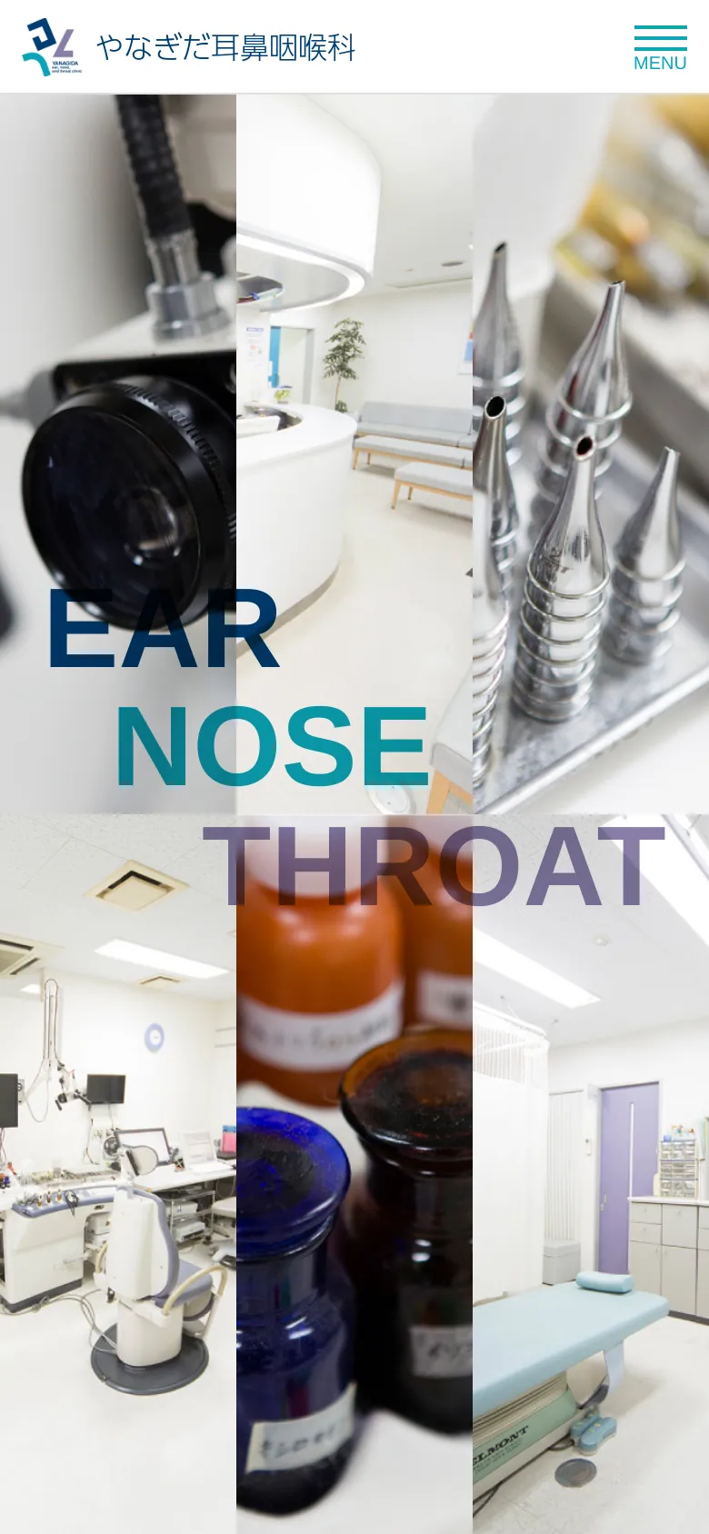 The mobile version presents a vertically stacked hero image showing close-ups of medical tools and clinic interiors with the text 'EAR NOSE THROAT' centered. The navigation is condensed into a top header featuring the clinic logo and a hamburger menu icon on the right. The layout is simplified for vertical scrolling, focusing on the visual impact of the clinic's environment.