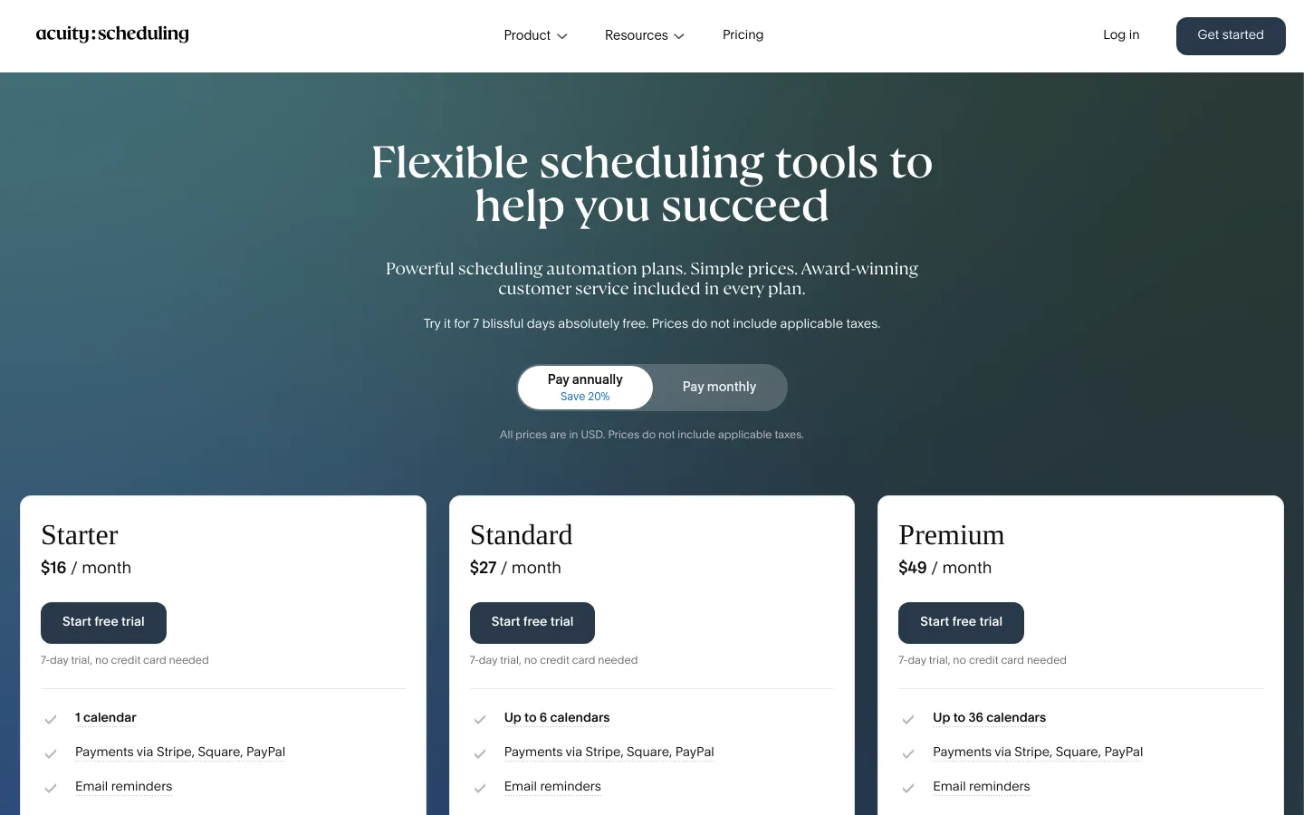 The desktop pricing page features a dark teal hero section with the headline 'Flexible scheduling tools to help you succeed' and a toggle switch to choose between annual and monthly billing. Below, three white pricing cards for Starter, Standard, and Premium plans are arranged horizontally, each displaying a price per month and a 'Start free trial' button. The layout is clean and professional, utilizing a minimalist color palette of dark teal, white, and grey.